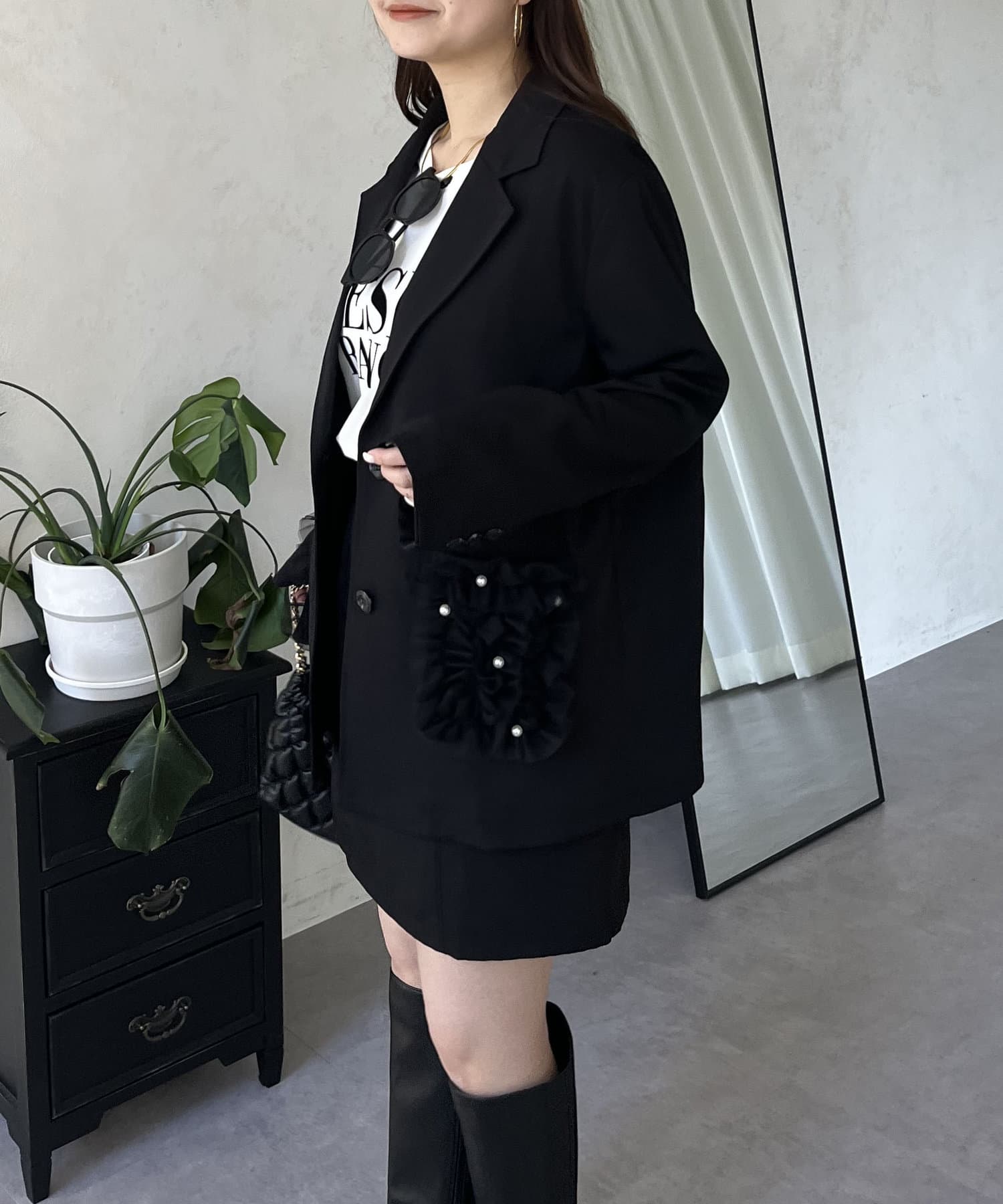 紫色 フリル付き ベルベットジャケット　韓国製品 フリル取り外し可能】2wayフリルパールポケットジャケット