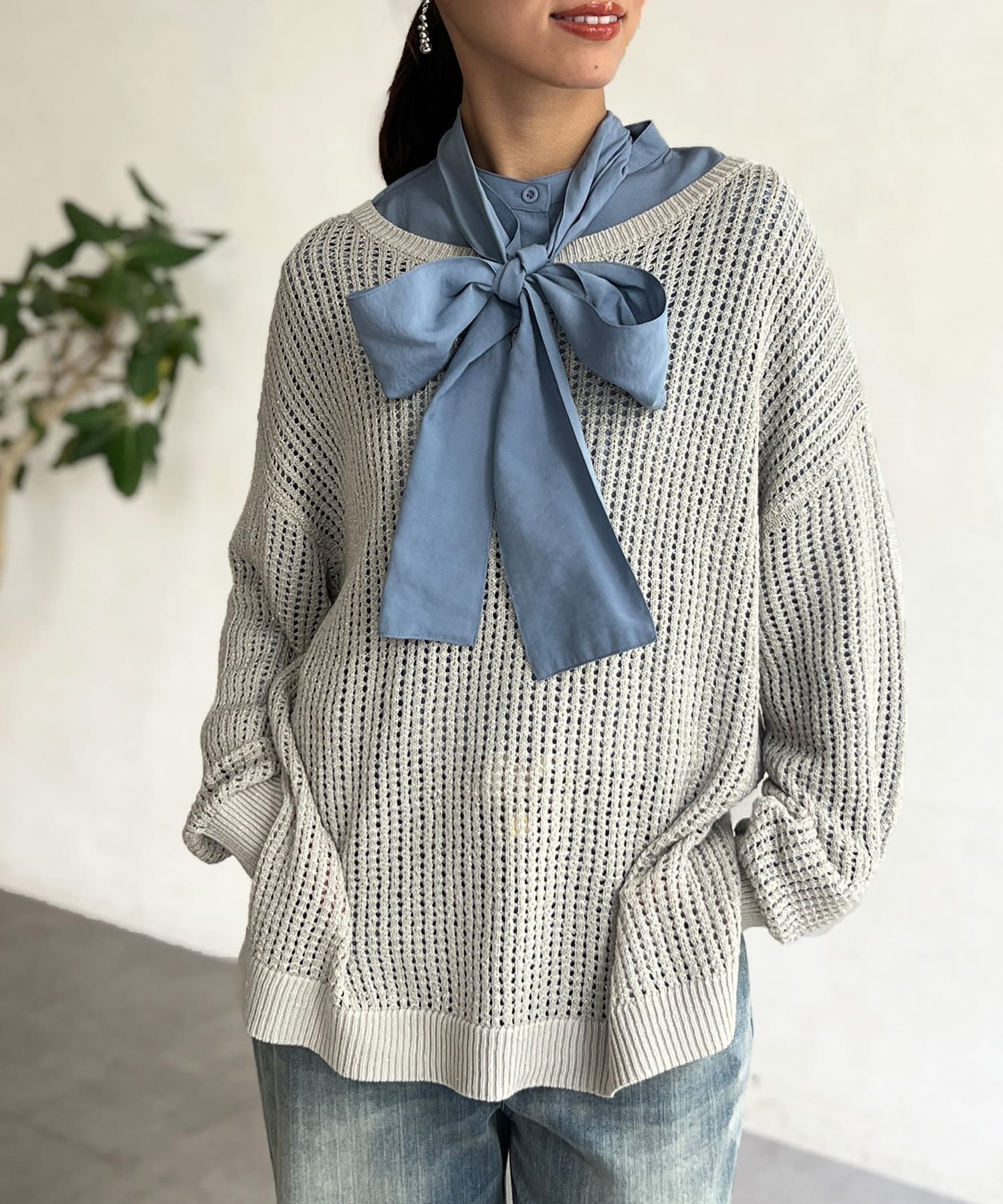 Chez toi （シェトワ）後ろリボン メッシュニットプルオーバー