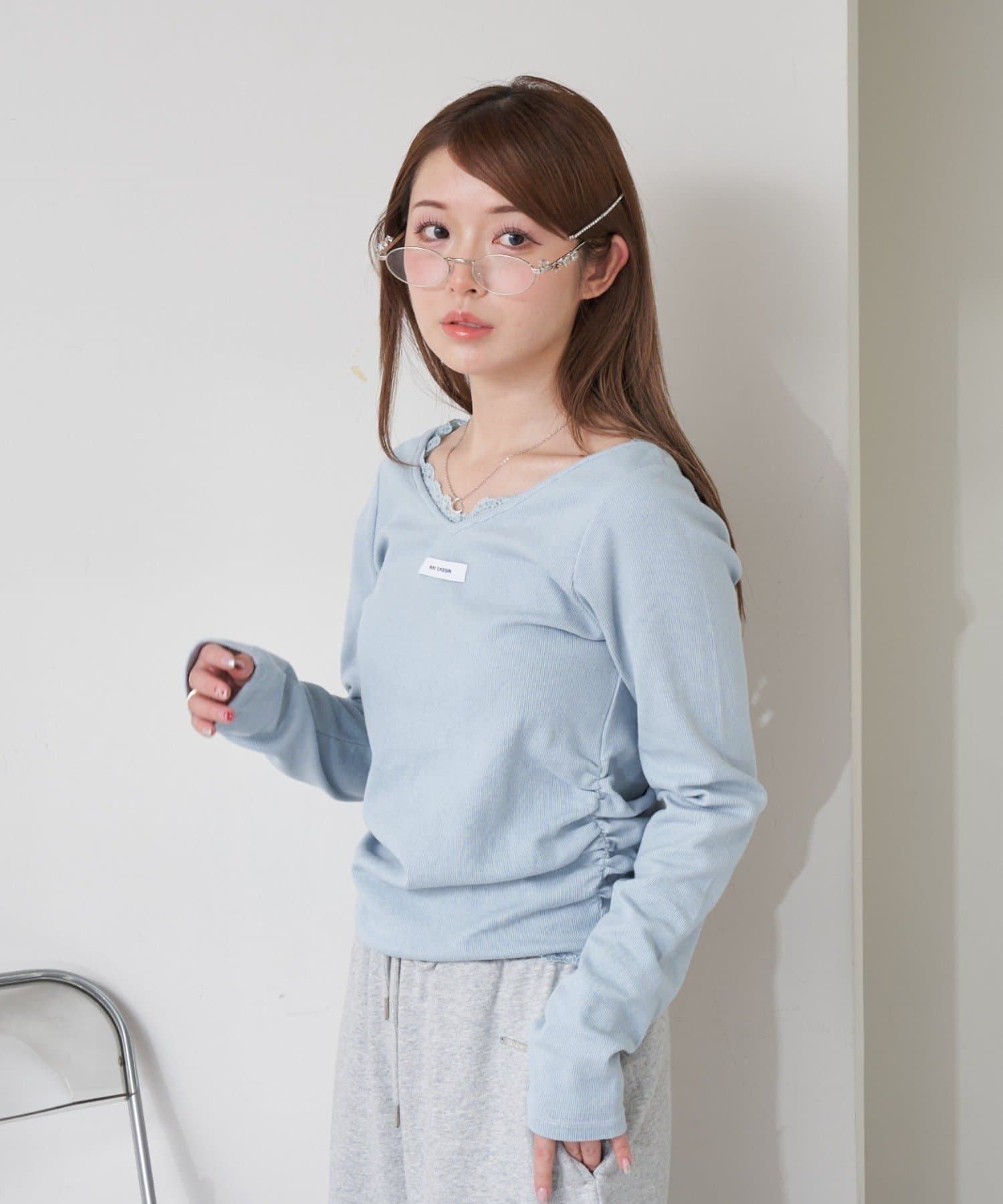 RAY CASSIN(レイカズン) レディース レース付VネックロングTシャツ ブルー