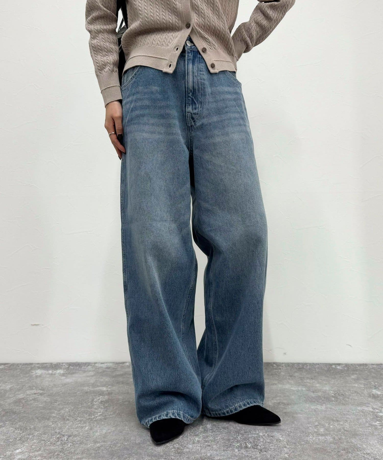 ☆25SS☆ベルトディテールハイウエストパンツ/RECTO☆ ハイウエストSIDE BELT CUTデザインフレアデニムパンツ[品番