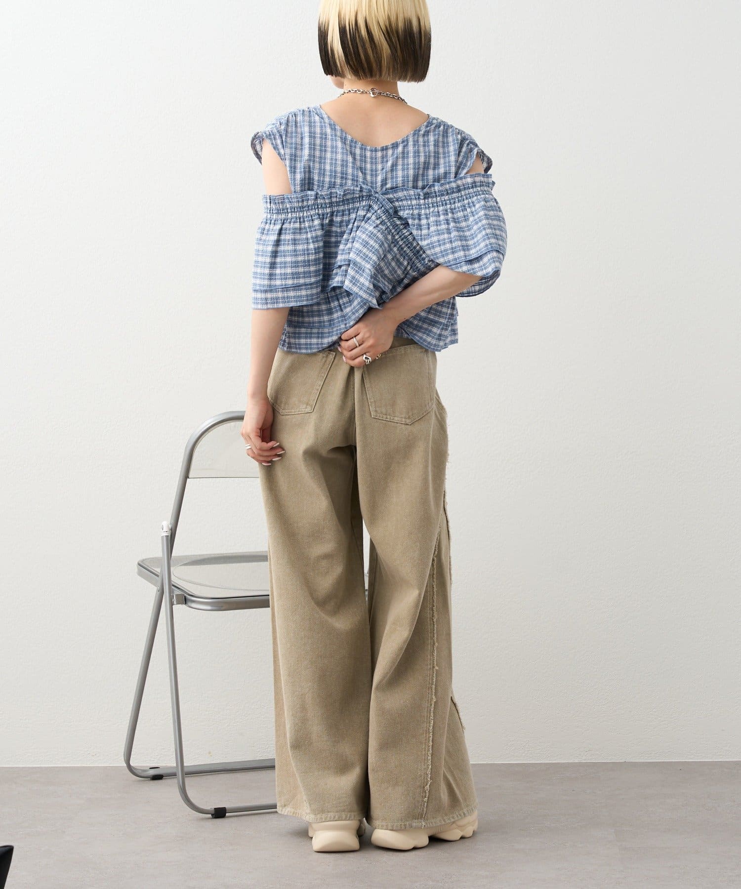 【wcloset】フリンジバギーデニムパンツ　ベージュ　S 着用動画あり！/5色展開/3サイズ展開】フリンジバギーデニム