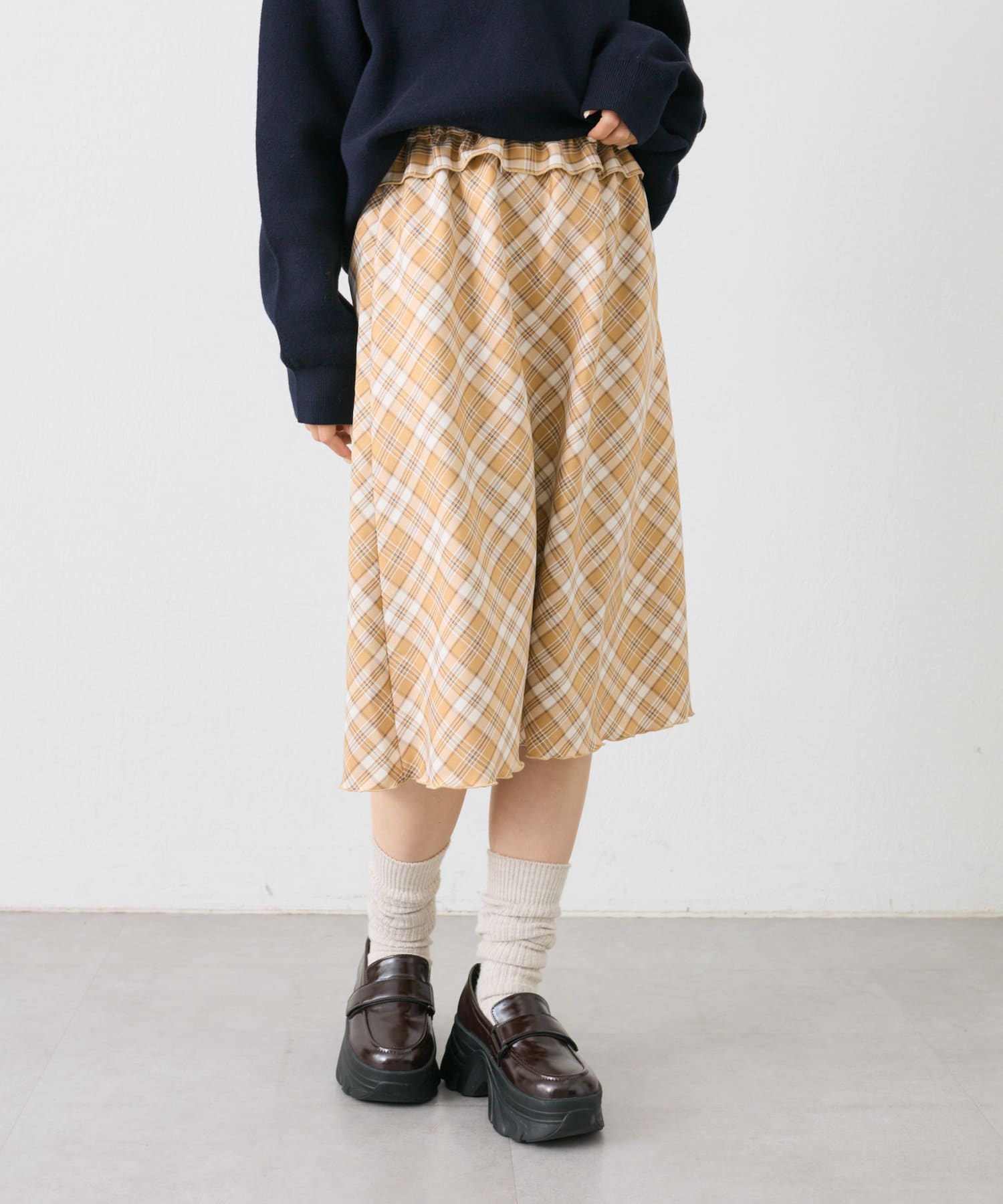 w closet(ダブルクローゼット) レディース フリルミディチェックスカート ベージュ