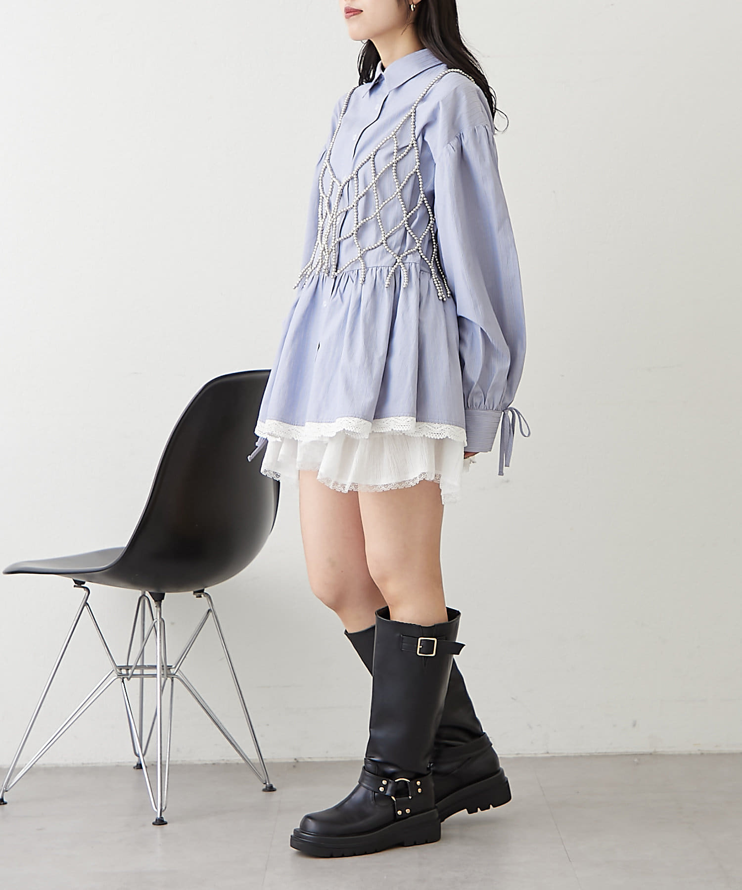 w closet(ダブルクローゼット) ストライプミニワンピースシャツ