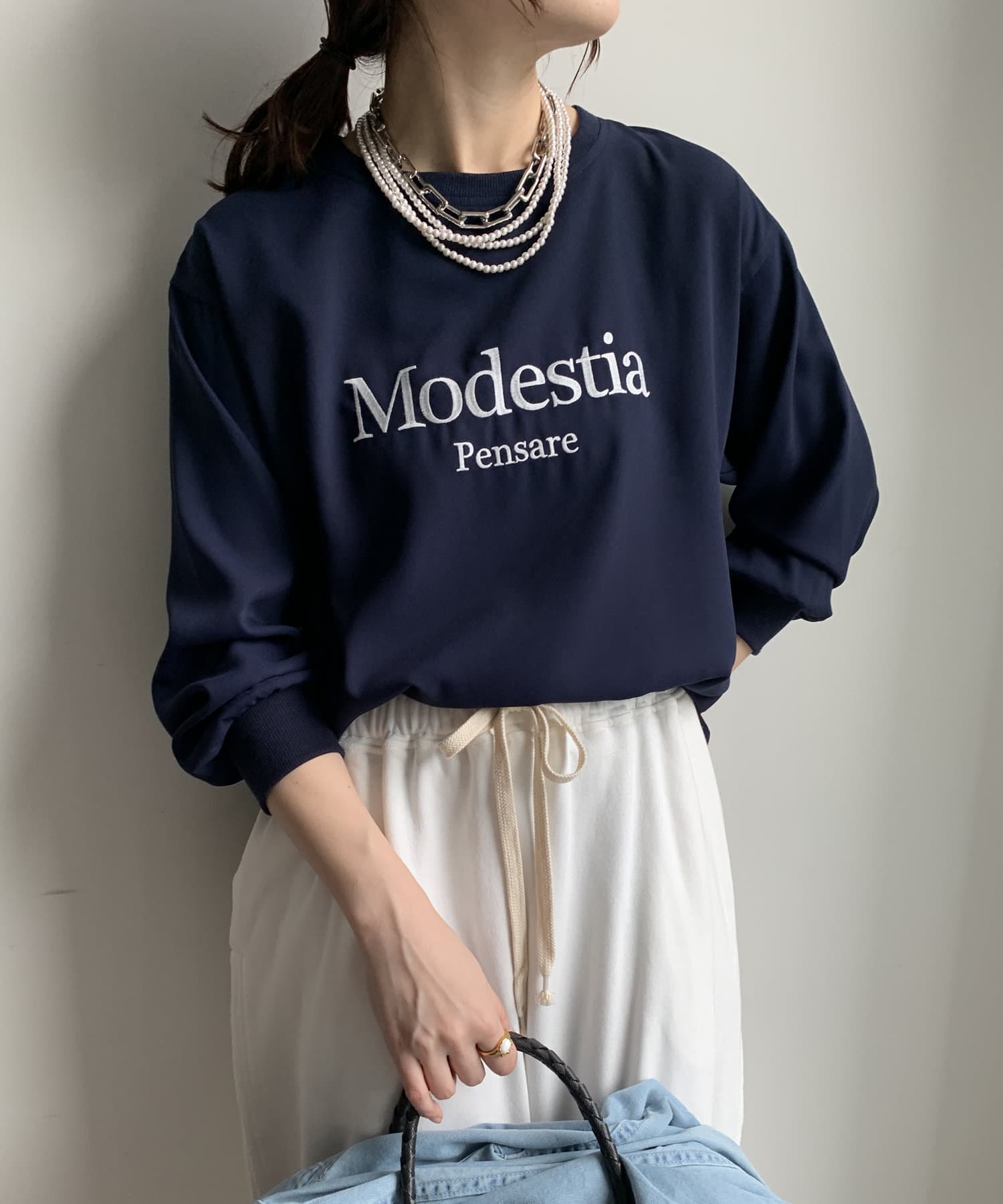 DOUDOU(ドゥドゥ) レディース 刺繍ロゴジョーゼットTEE ネイビー