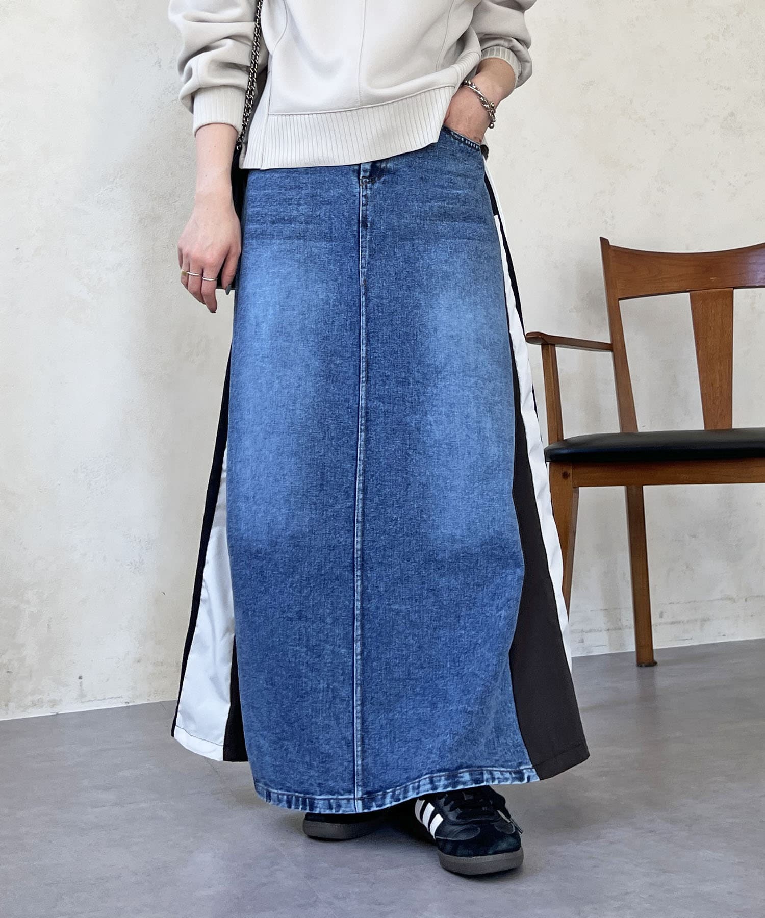 美品 コトゥー デニムツイードスカート 40（L）ストレッチデニム切替ツイード 美品 コトゥー デニムツイードスカート 40（L）ストレッチデニム