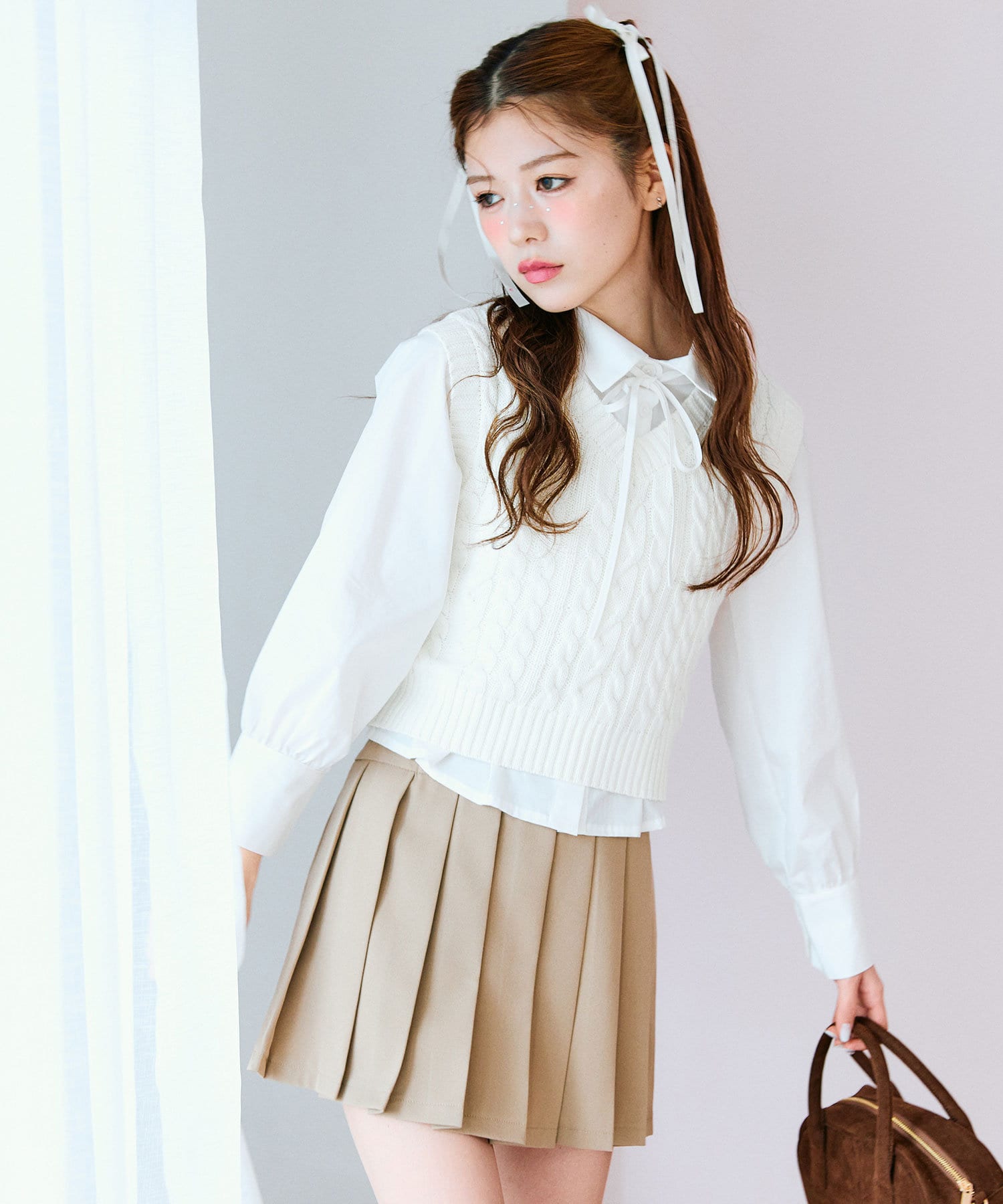 シャツ＋ベストセット【OLIVE des OLIVE】 (ブルー チャコール) シャツ×ケーブルベストセット（シャツ/ブラウス）｜OLIVE des