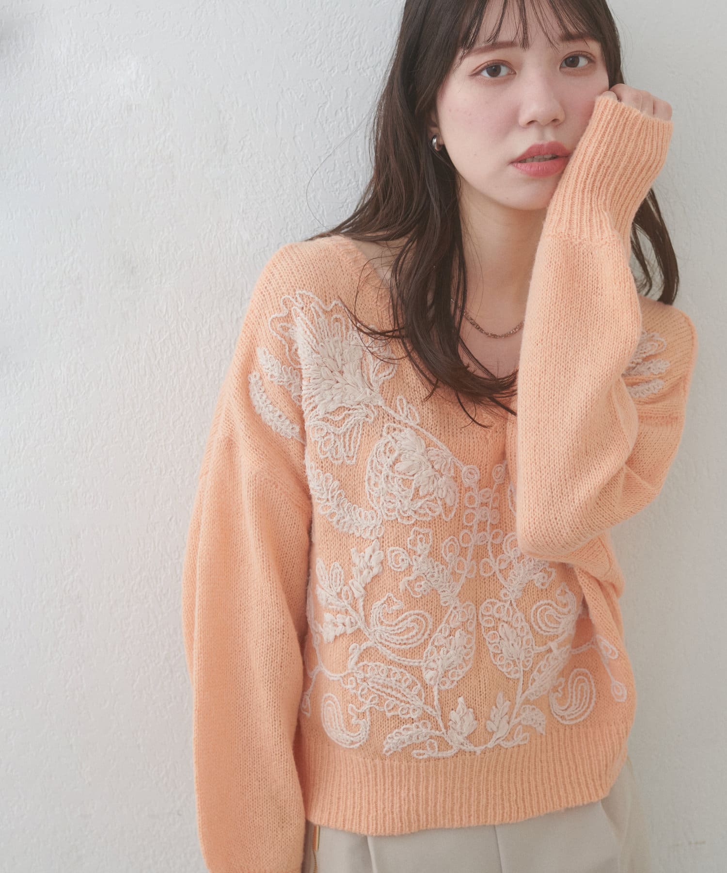 natural couture(ナチュラルクチュール) レディース 【WEB限定】天竺刺繍ニット オレンジ