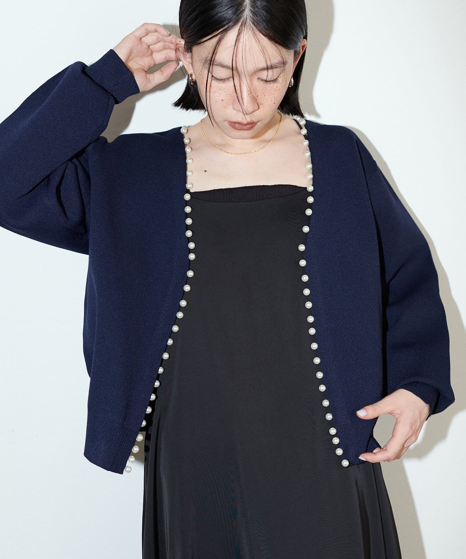 NICE CLAUP / OLIVE des OLIVE OUTLET(ナイスクラップ  / オリーブ デ オリーブ アウトレット) 【LARUTA】ＢＩＧパールトリムポリニットカーディガン