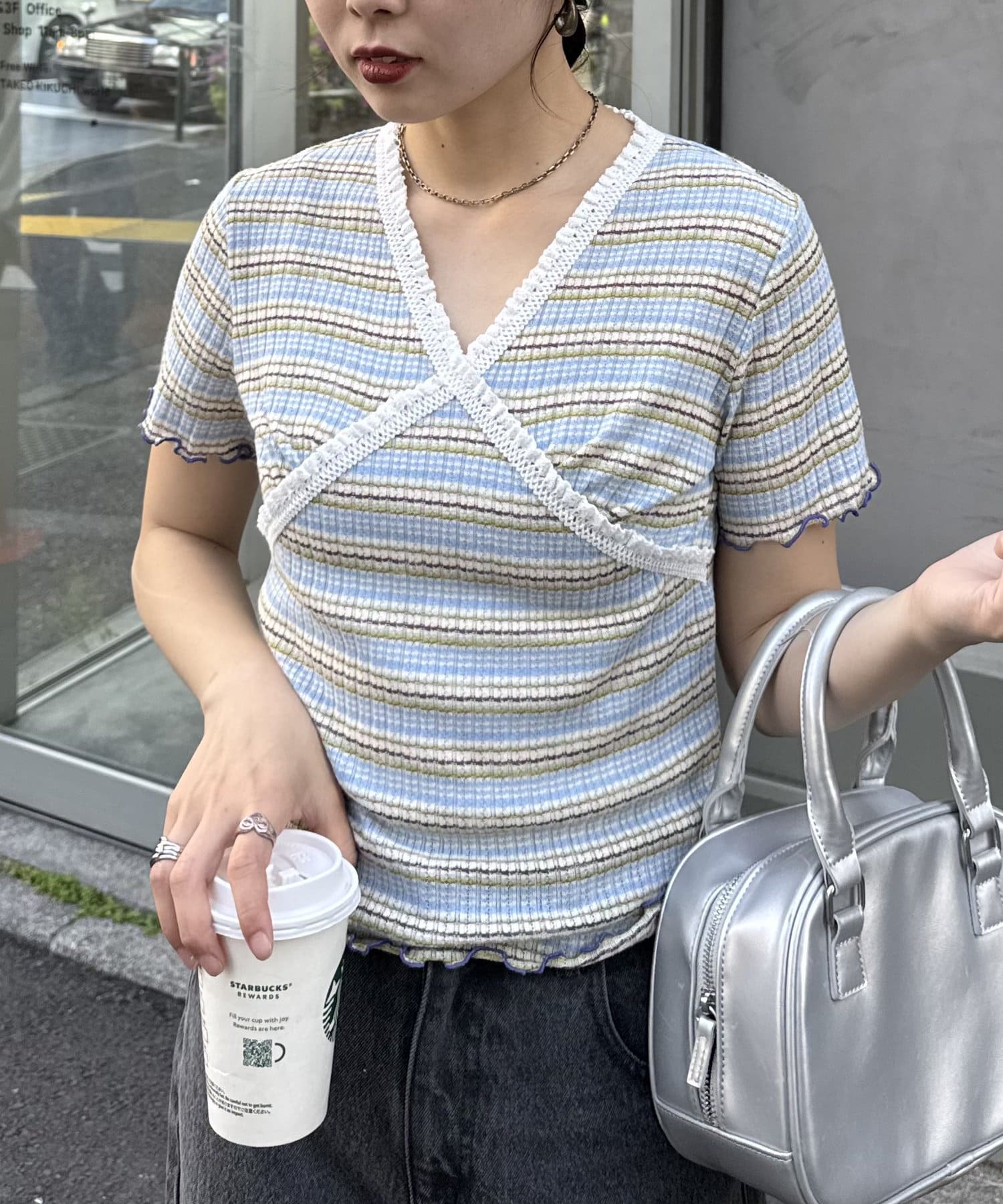 CIAOPANIC TYPY(チャオパニックティピー) レディース 【HELLO. SANFRANCISCO】マルチボーダーレースフリルトップス ブルー