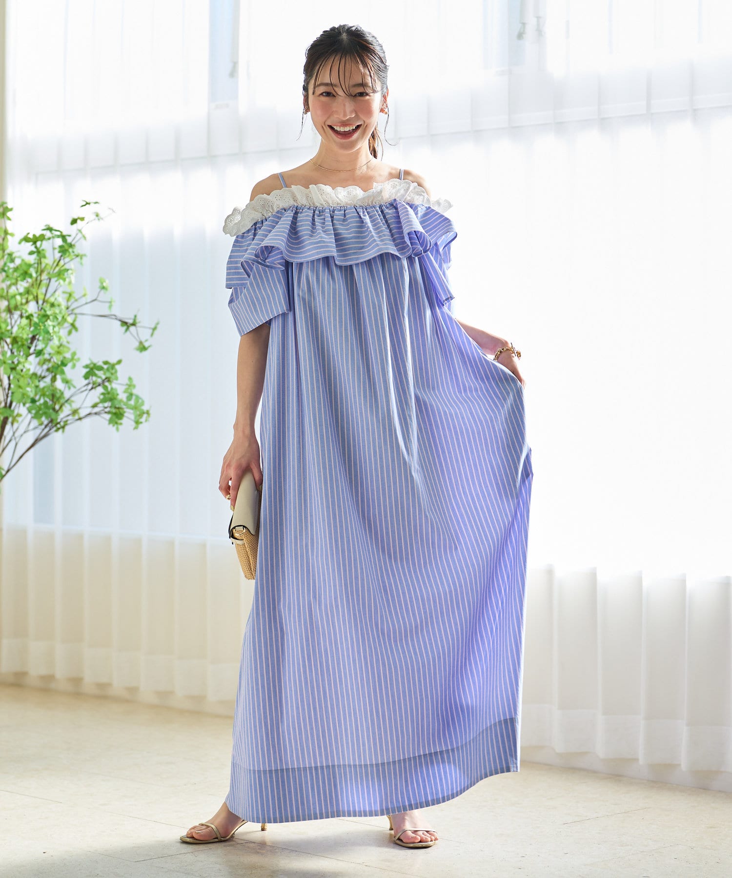 未使用 レースワンピース オフショル ストライプ 大人ガーリー】ストライプオフショルワンピース | La boutique