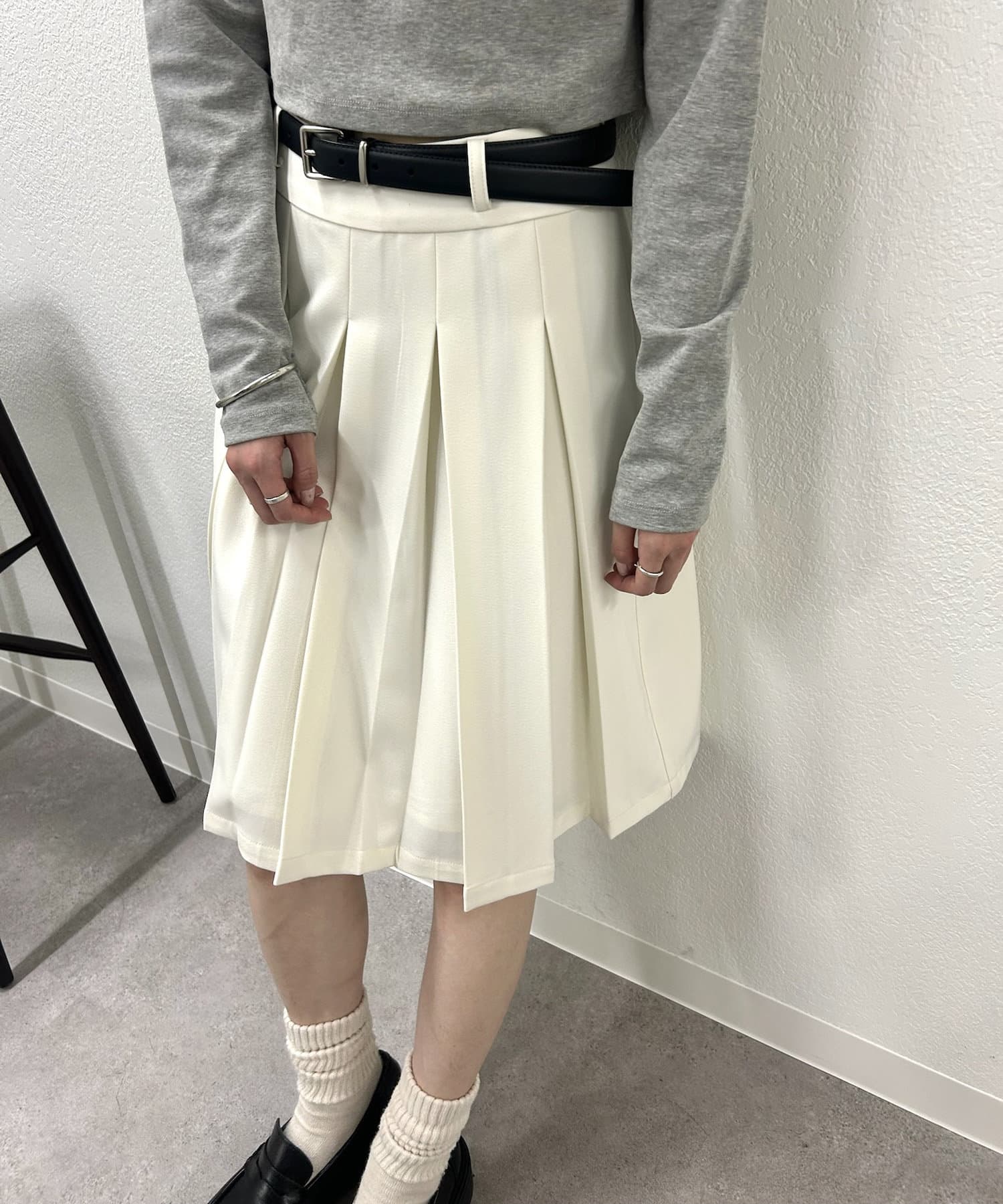 ホワイト プリーツスカート ウエストベルト付き WOMEN ウエストバンドプリーツスカート ホワイト