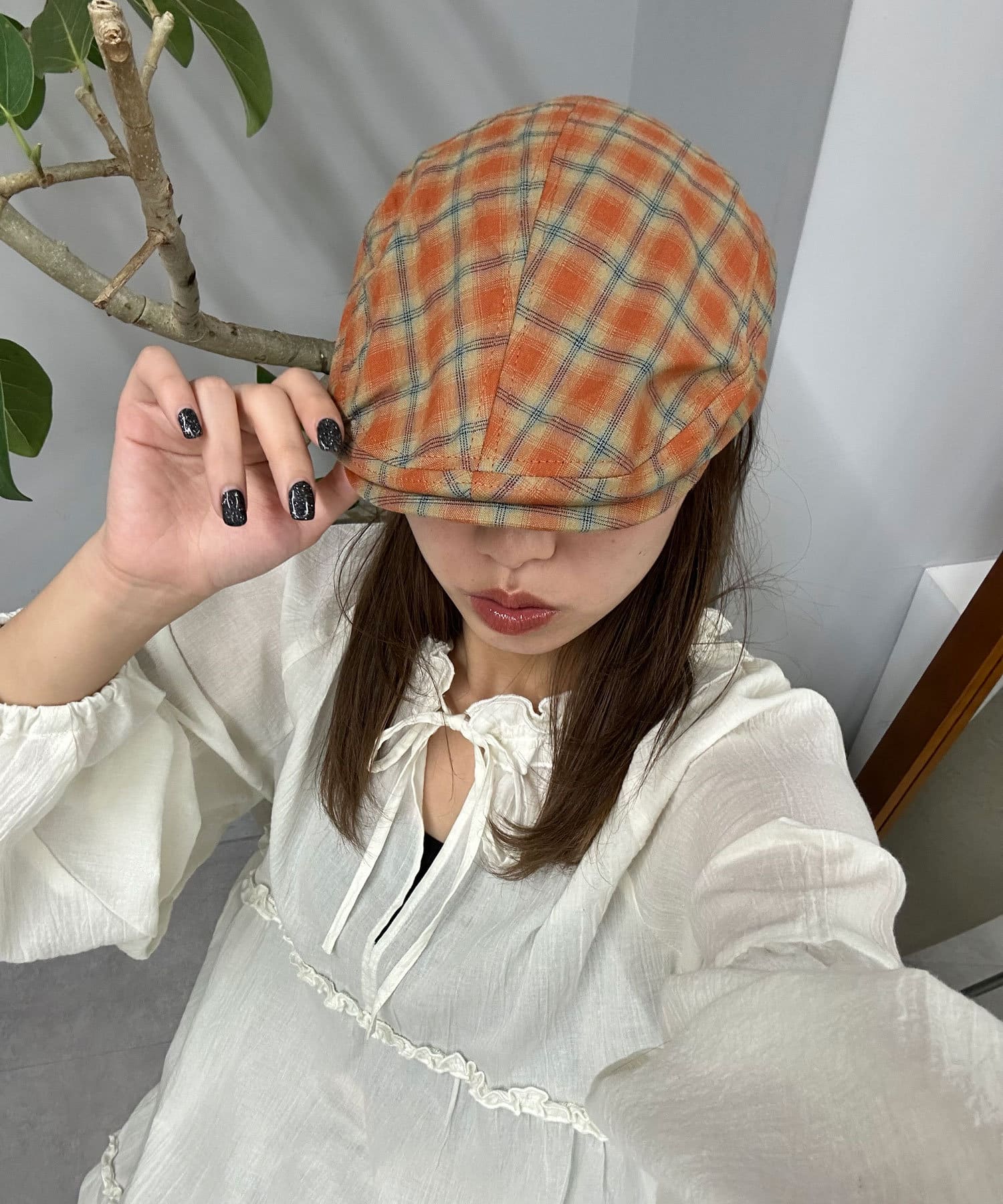 CIAOPANIC(チャオパニック) レディース チェック柄ハンチング帽子 オレンジ