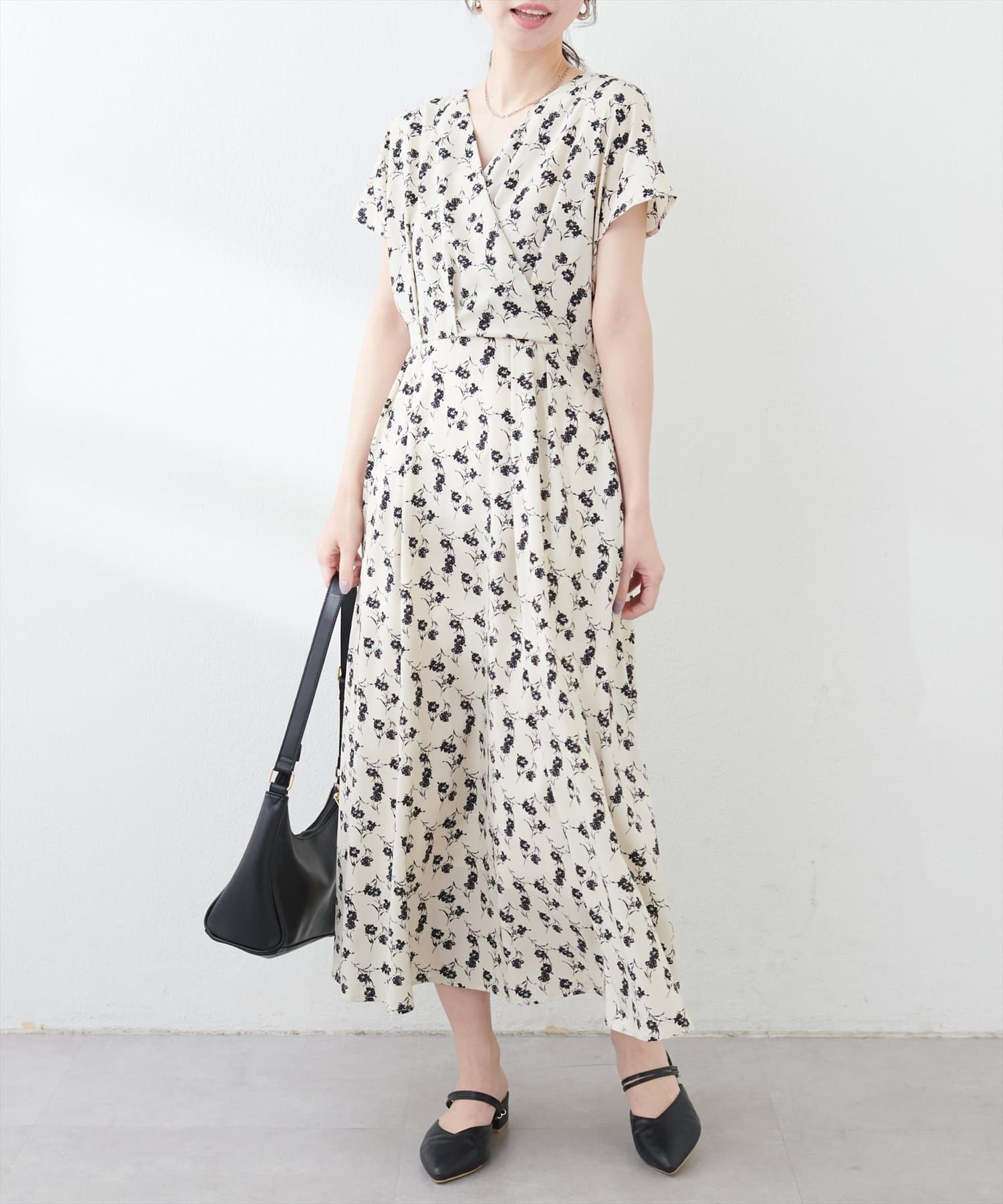 natural couture(ナチュラルクチュール) 【お気に入り総選挙5位！】ノーカラーお上品カシュクールワンピース
