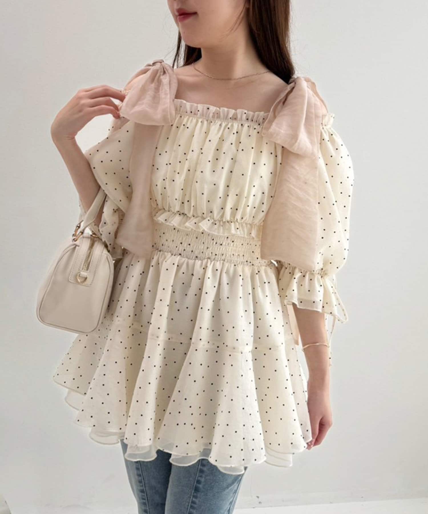 NICE CLAUP / OLIVE des OLIVE OUTLET(ナイスクラップ  / オリーブ デ オリーブ アウトレット) 【one after another】肩リボンチュニック