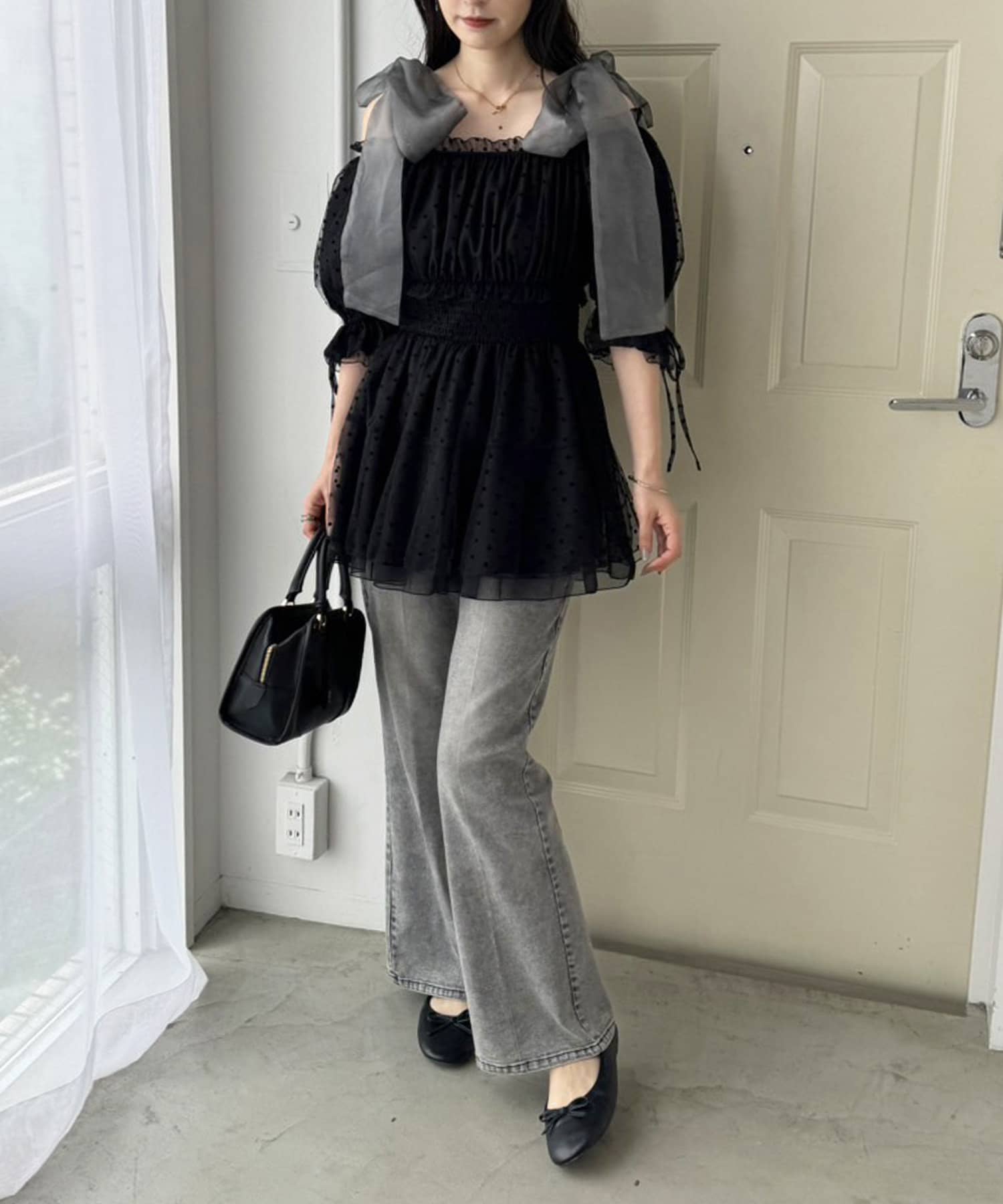 NICE CLAUP / OLIVE des OLIVE OUTLET(ナイスクラップ  / オリーブ デ オリーブ アウトレット) 【one after another】肩リボンチュニック