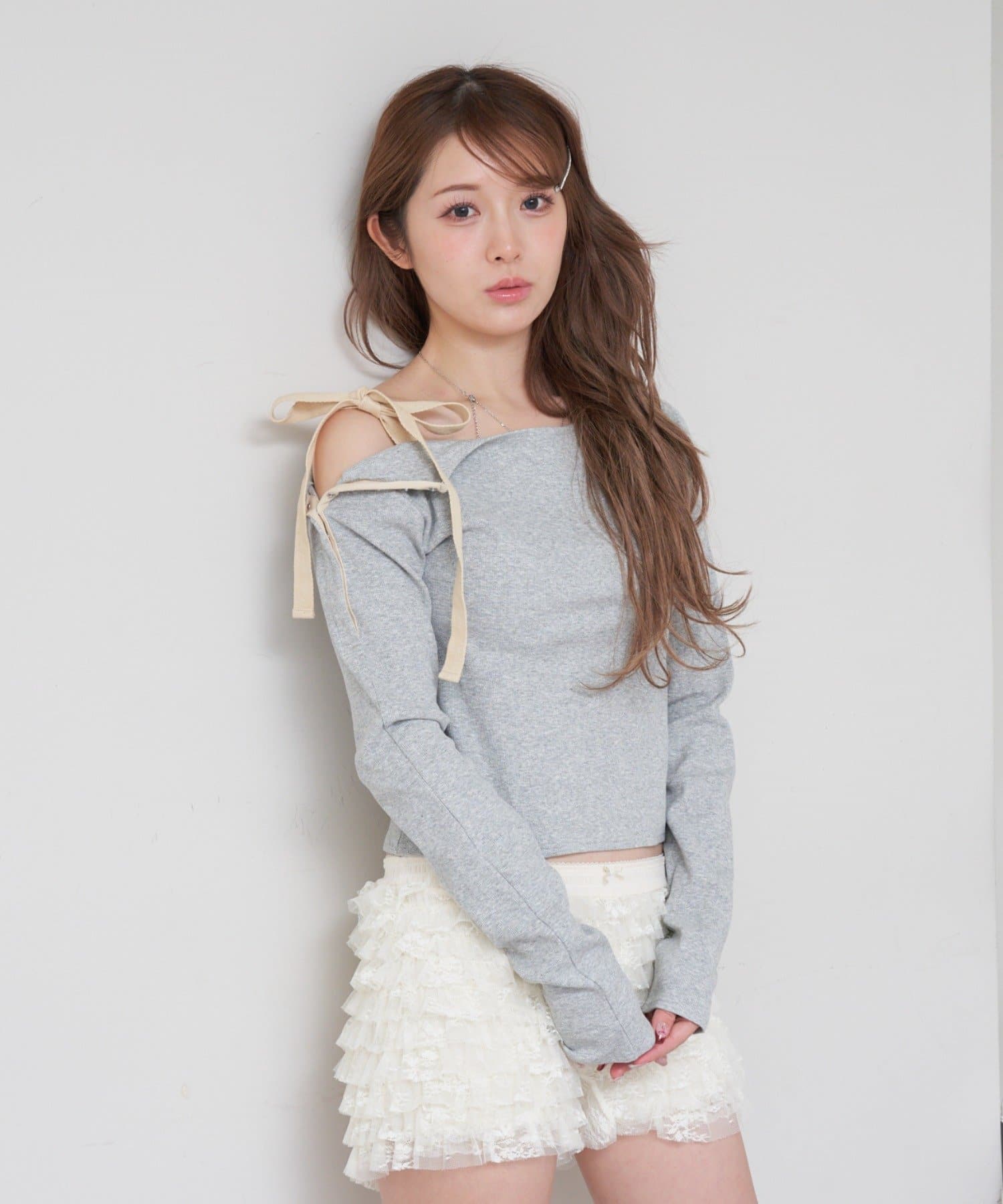 RAY CASSIN(レイカズン) レディース ワンショルテープロングTシャツ グレー
