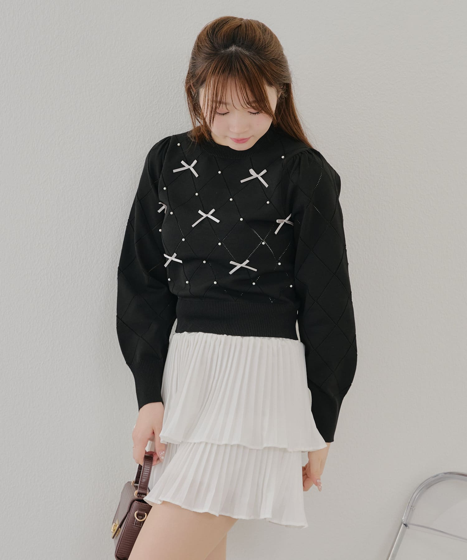 NICE CLAUP / OLIVE des OLIVE OUTLET(ナイスクラップ  / オリーブ デ オリーブ アウトレット) 【春の新作】【OUTLET限定】パールリボンニット
