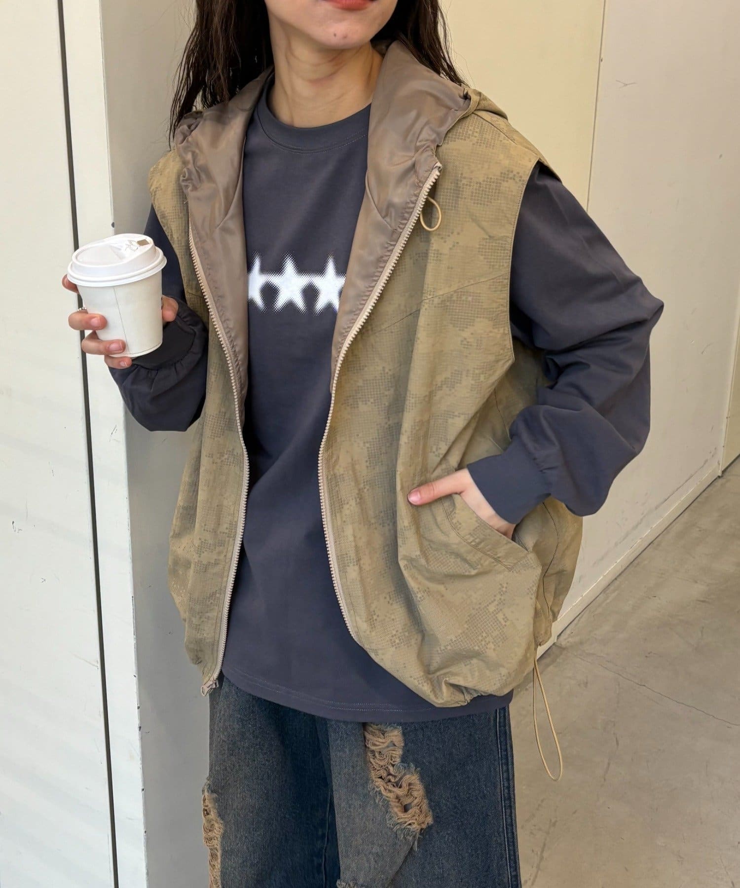 CIAOPANIC メンズ フード付きベスト Lサイズ グレー