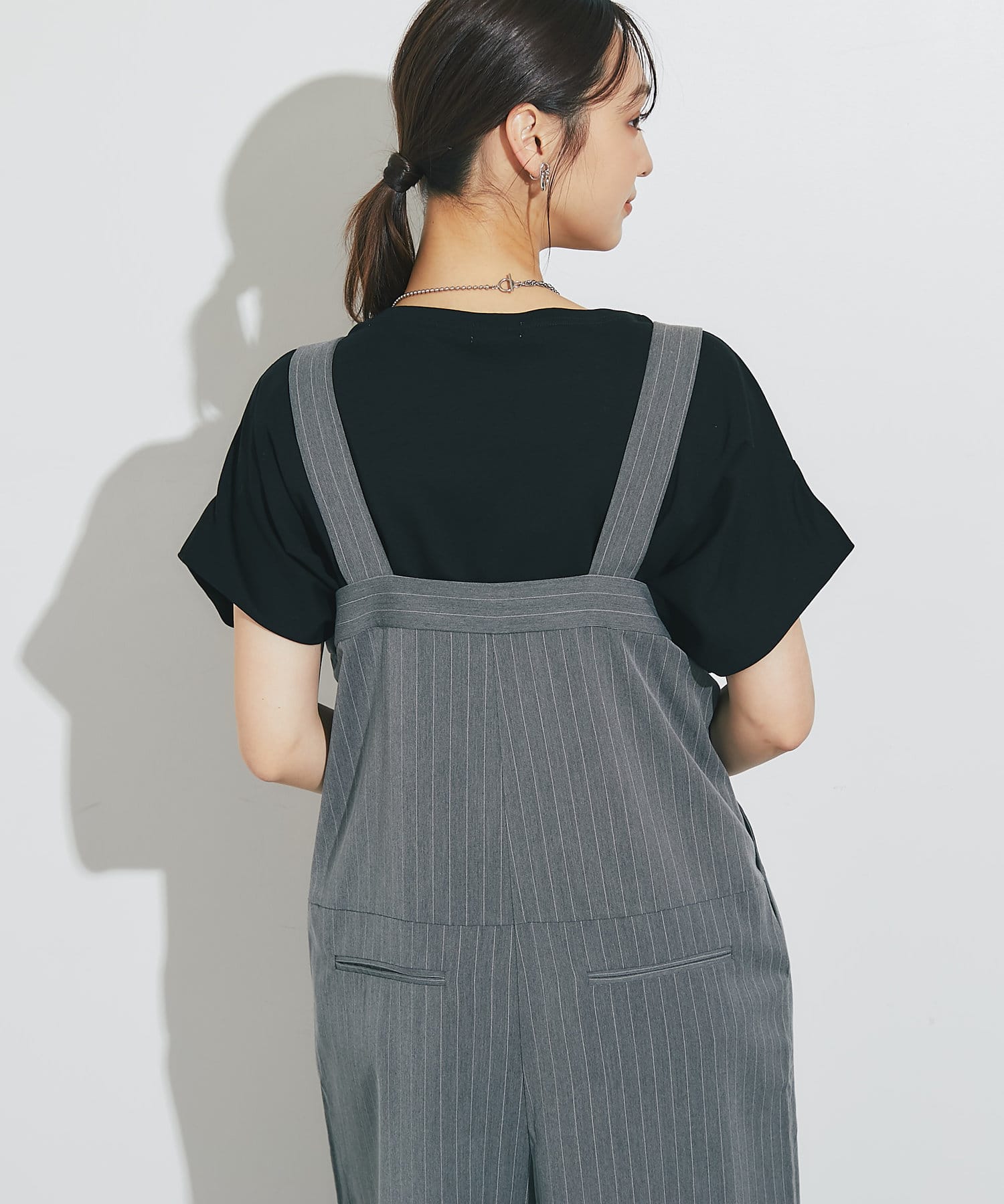 ストライプサロペット　ウエスト調整可能 She's Closet サロペット オーバーオール フロントジップタック