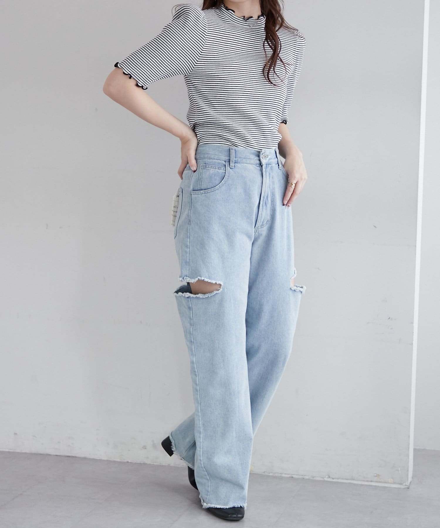 NICE CLAUP / OLIVE des OLIVE OUTLET(ナイスクラップ  / オリーブ デ オリーブ アウトレット) 【OUTLET限定】プチハイ配色メローテレコ半袖