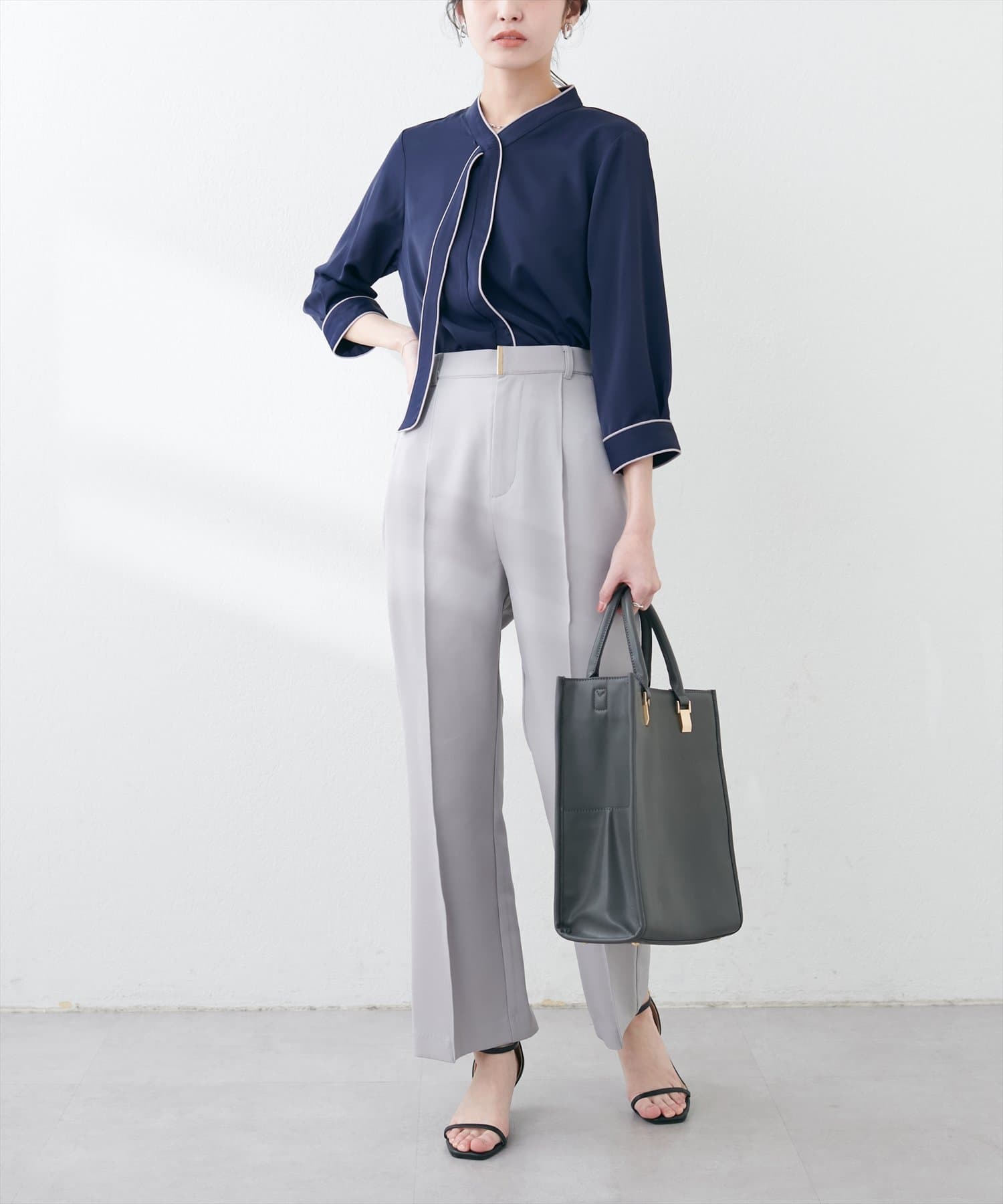 natural couture(ナチュラルクチュール) ねじり配色ボウタイ7分袖ブラウス