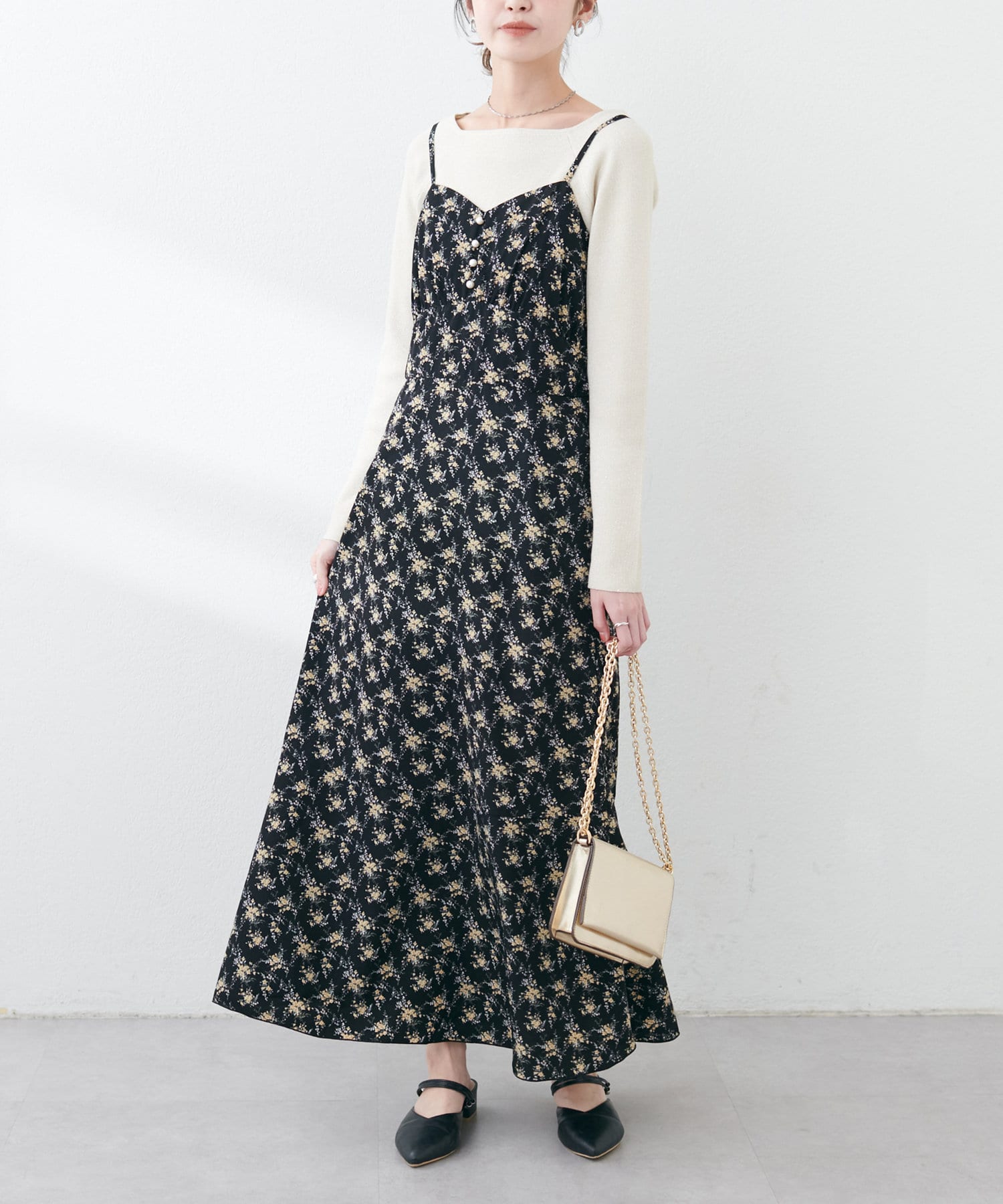 natural couture(ナチュラルクチュール) レディース 【WEB限定】フロント釦切替キャミワンピース ブラック