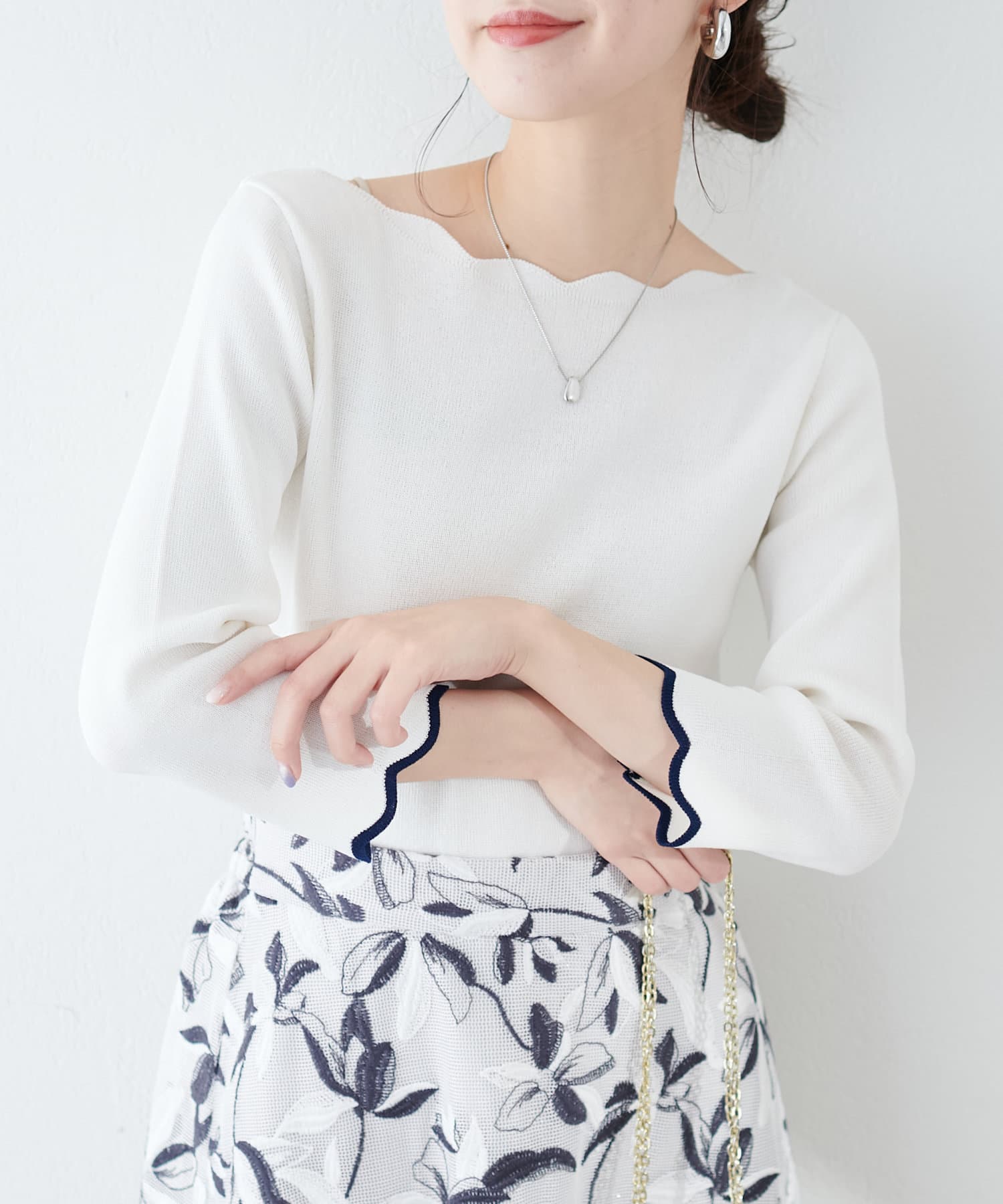 KUMA GAL ver サンプル 配色スカラップ強撚ニット（7分袖） | natural couture