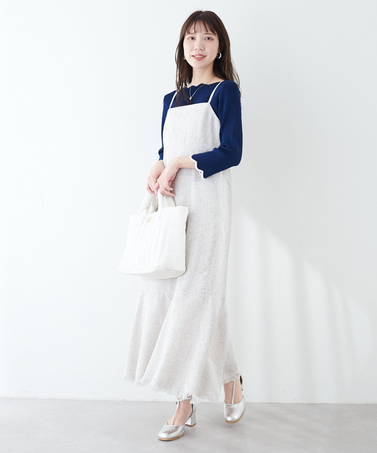 natural couture(ナチュラルクチュール) 配色スカラップ強撚ニット（７分袖）