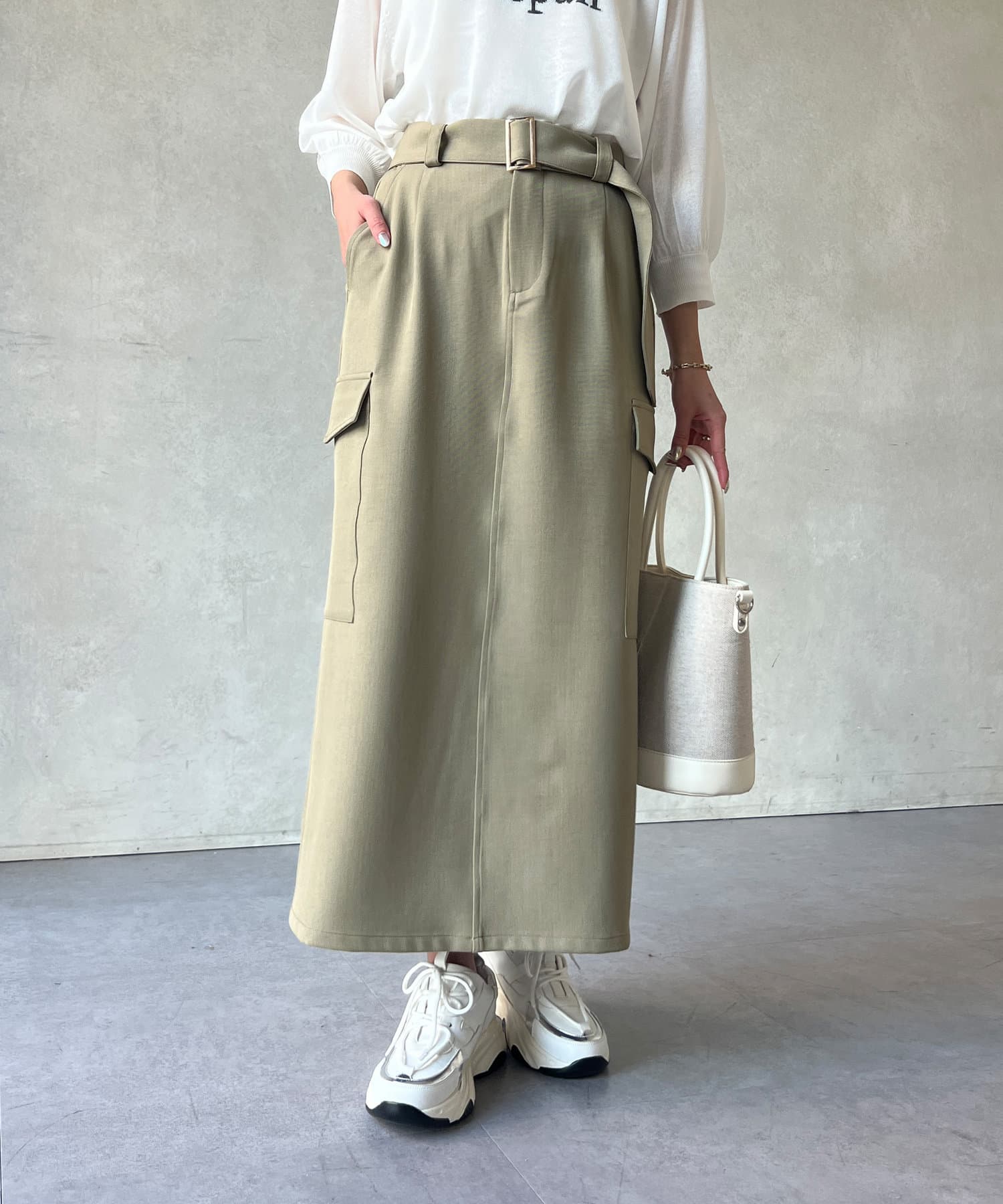 Chez toi(シェトワ) レディース 共ベルトナロースカート カーキ