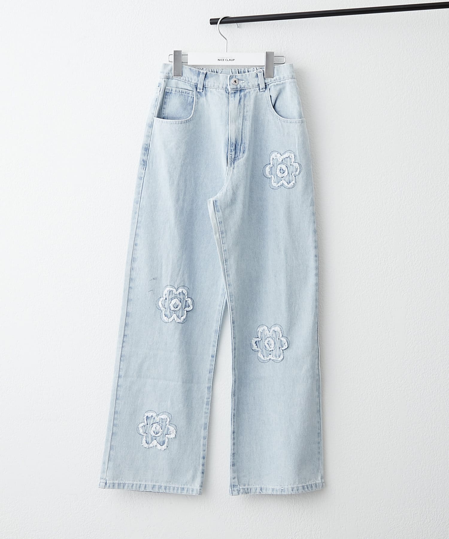 【2025SS　ANOTHER BRANCH OLIVE des OLIVE】■Design・お花のパッチワークとリボン×ダメージのアソートデニムパンツ・うしろゴムで履き心地抜群♪・シンプルなデニムパ