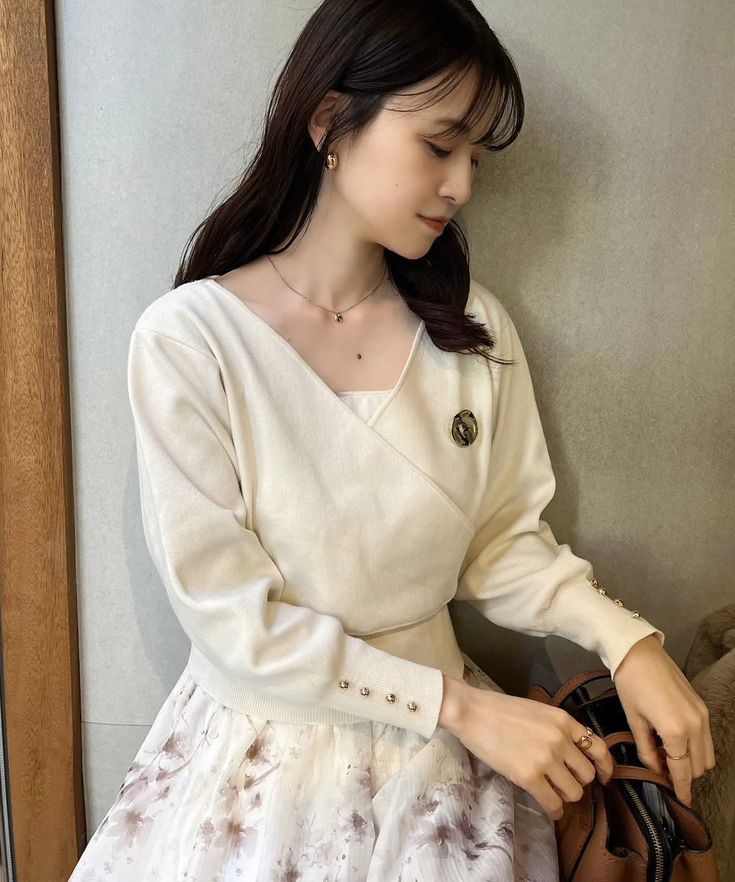 【ブローチセット】【全3色】半袖ニットトップ　アイボリー ベージュ ブラック【250620top1】( nani )(250620) MADE]カラーネックブークレ半袖ニット（ニット/セーター