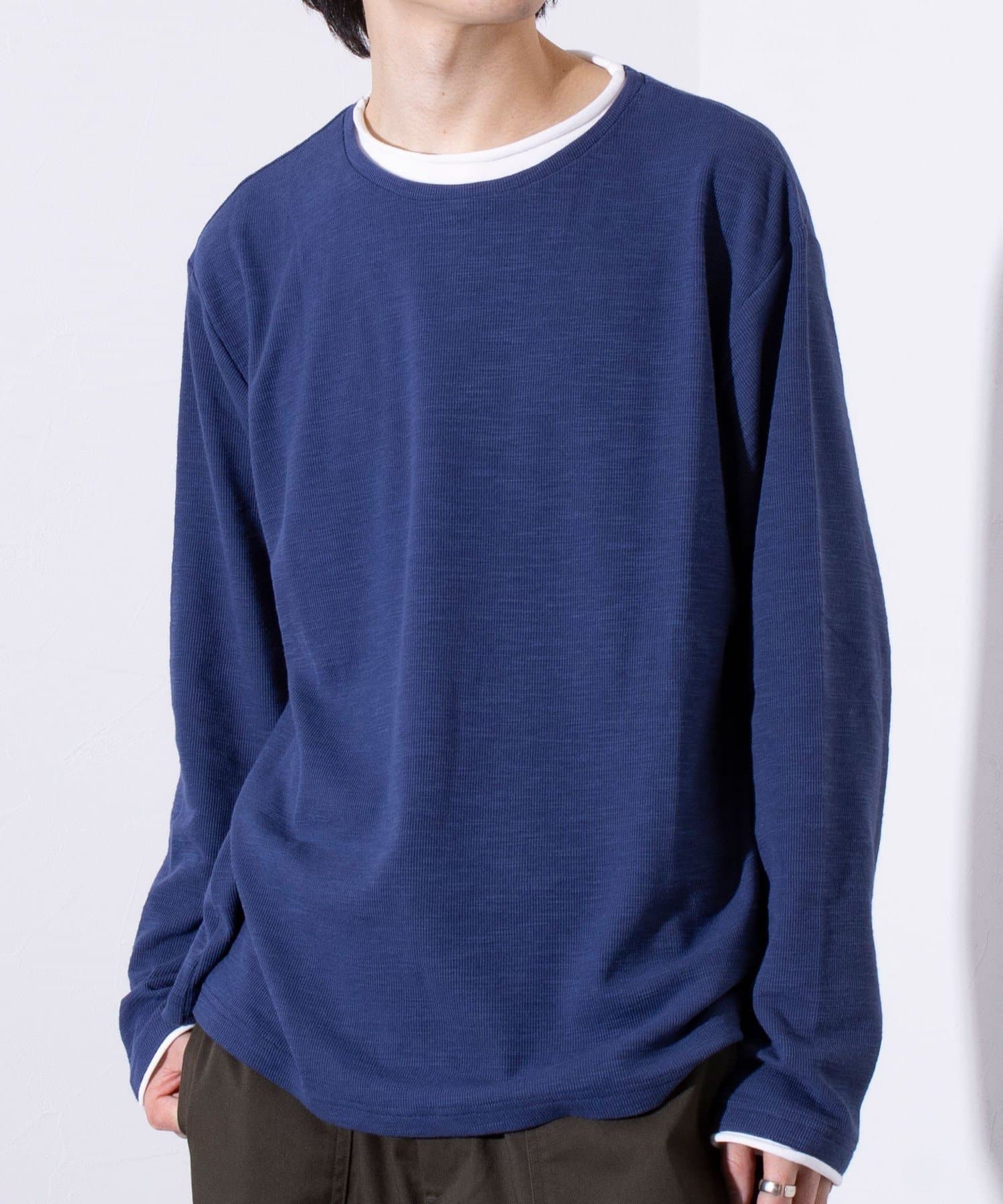 FREDY & GLOSTER(フレディ アンド グロスター) メンズ 【GLOSTER】スラブダブルフェイス ロールネックロンTロングスリーブTシャツ インディゴブルー