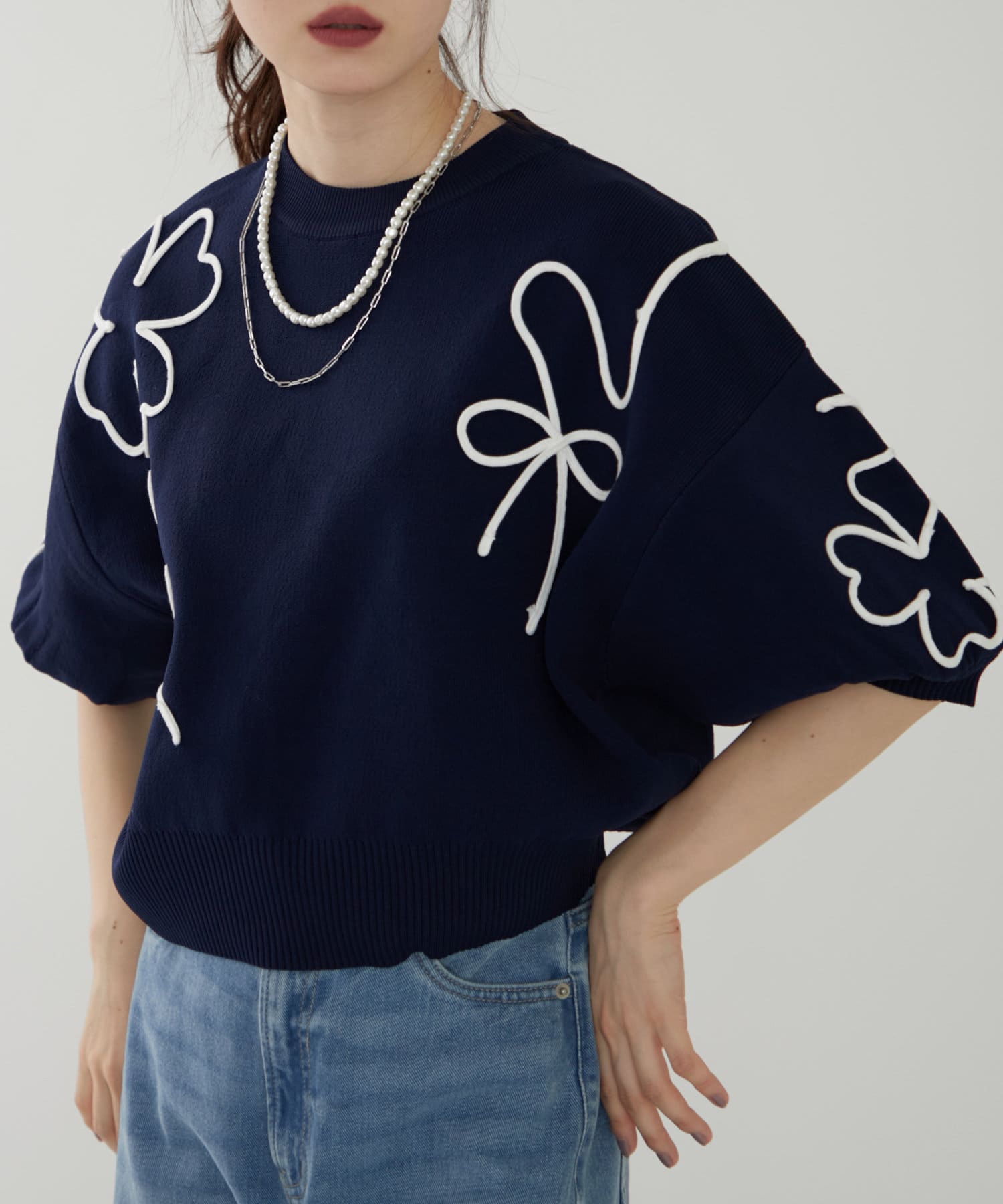 ライン刺繍ニット5分袖プルオーバー | Remind me and forever