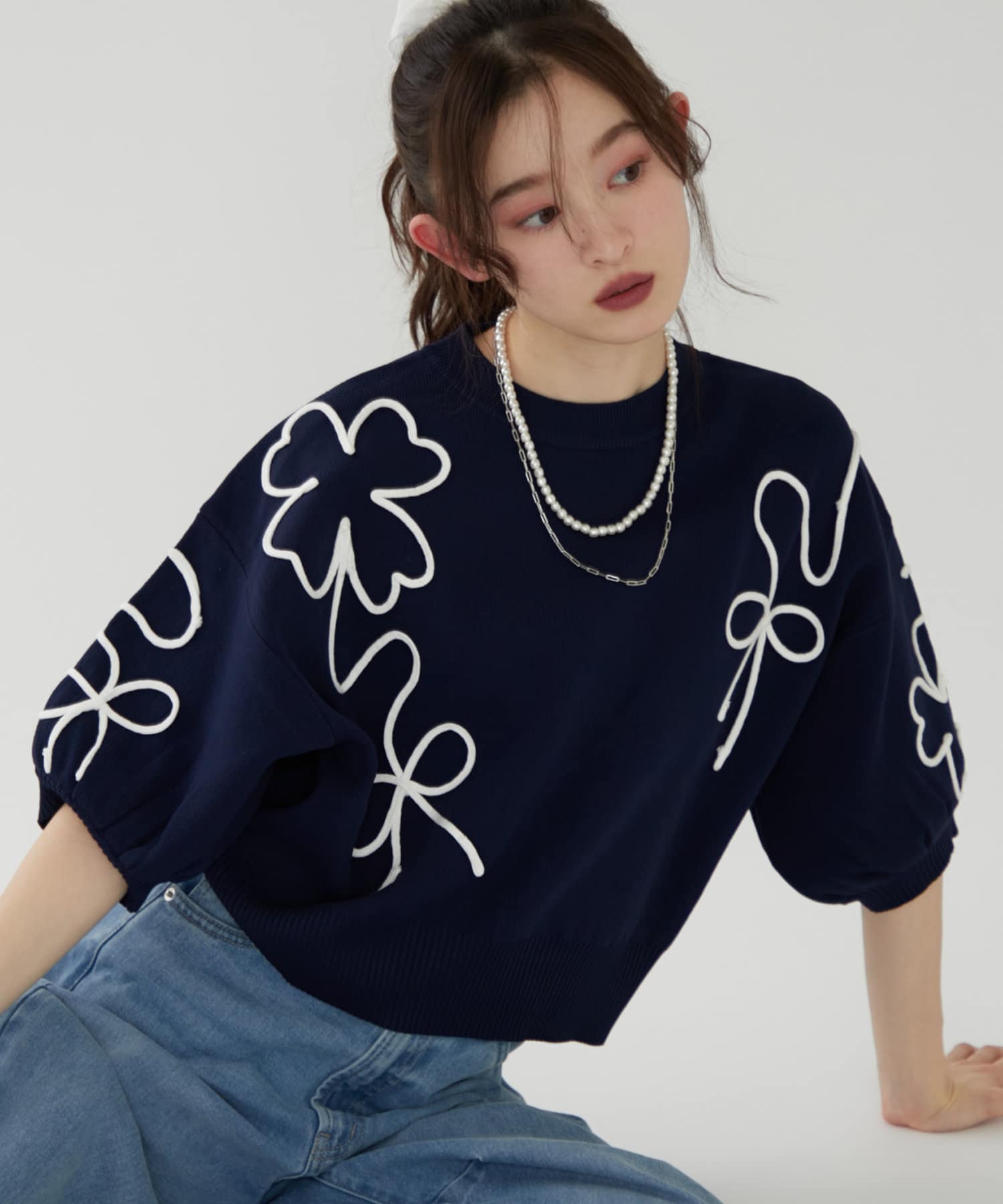 ライン刺繍ニット5分袖プルオーバー | Remind me and forever