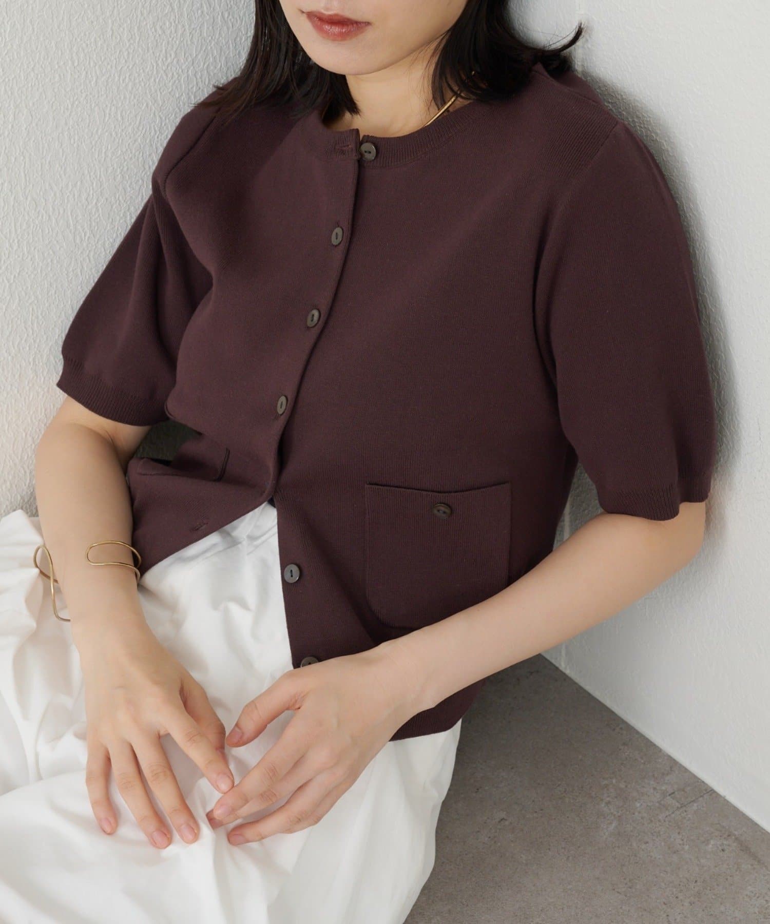 Omekashi(オメカシ) 【新色追加/ベージュ】【Omekashi名品/ロングセラー◎】半袖強撚スウェットライクポケットカーディガン