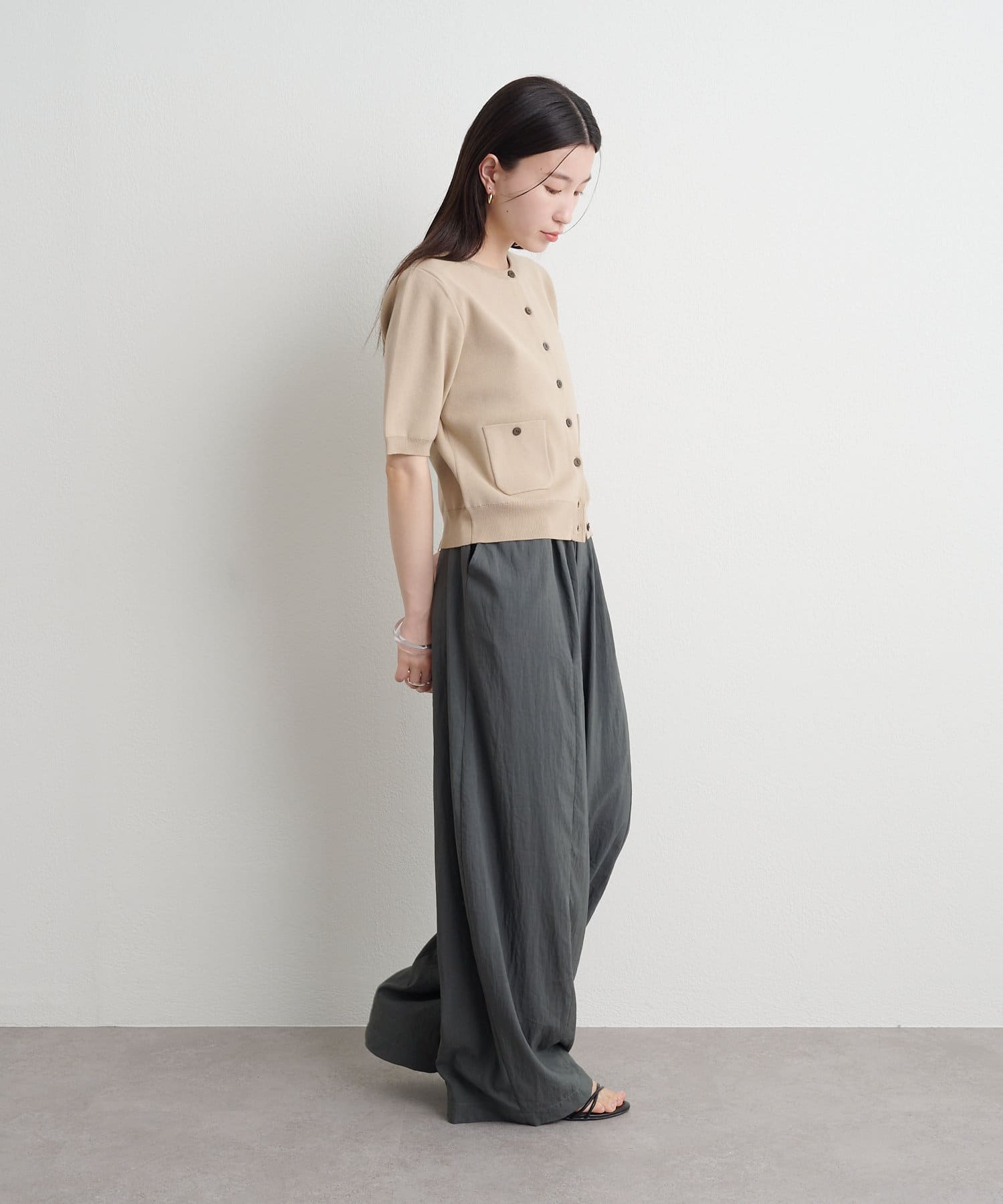 Omekashi(オメカシ) 【新色追加/ベージュ】【Omekashi名品/ロングセラー◎】半袖強撚スウェットライクポケットカーディガン