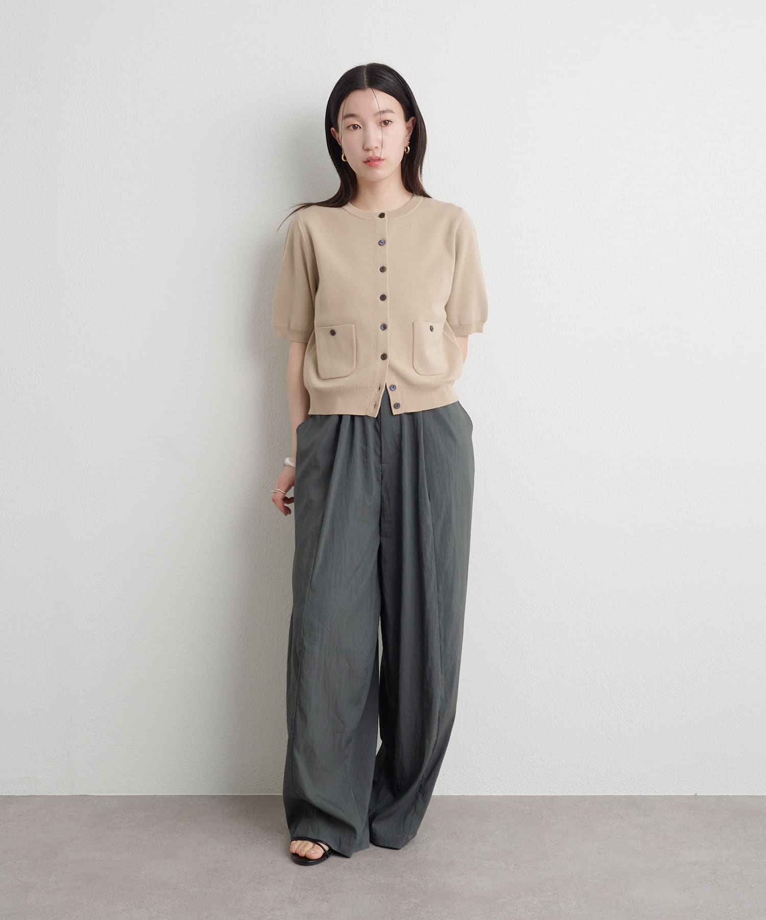Omekashi(オメカシ) 【新色追加/ベージュ】【Omekashi名品/ロングセラー◎】半袖強撚スウェットライクポケットカーディガン