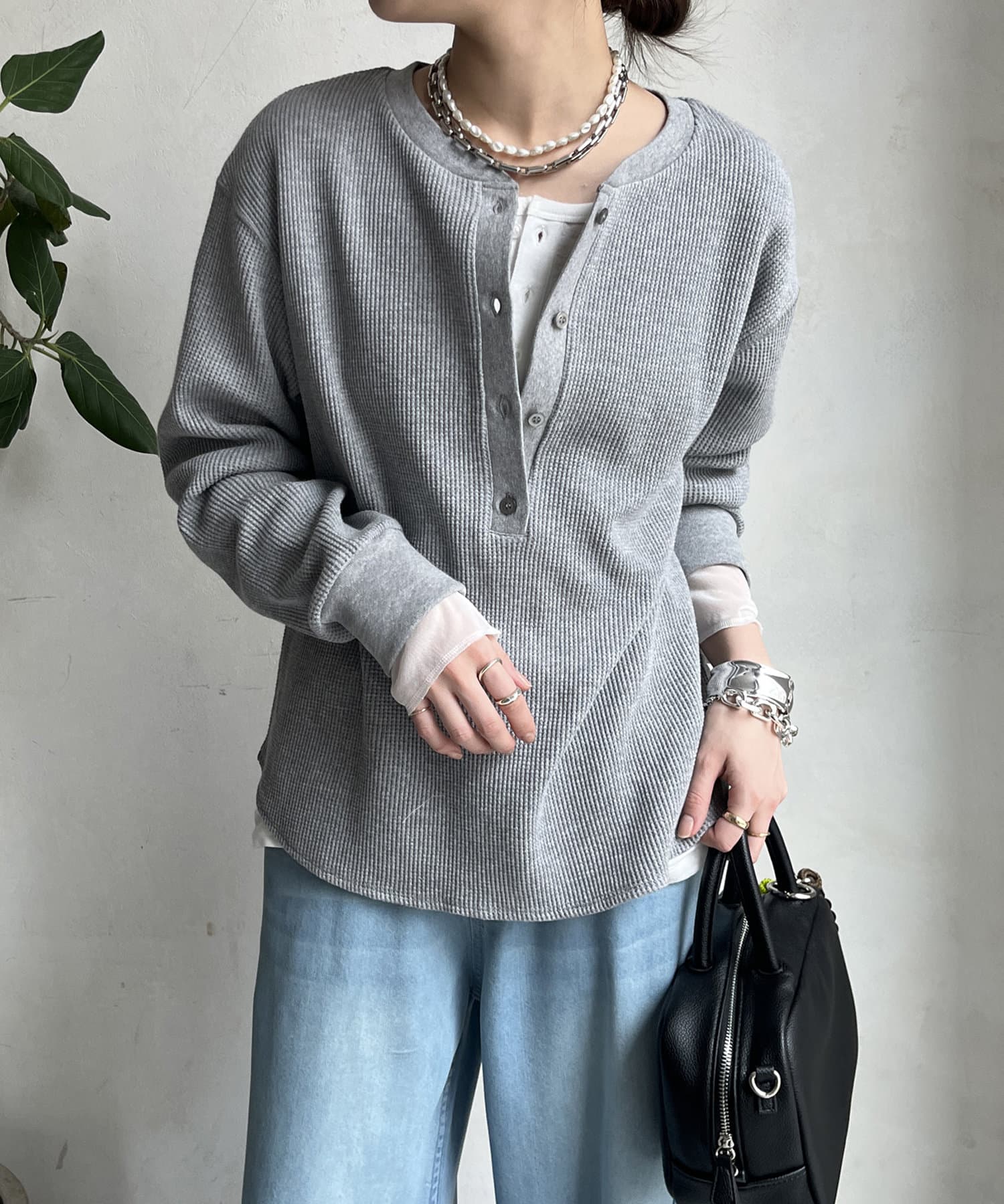 DOUDOU(ドゥドゥ) レディース ワッフルヘンリー グレー