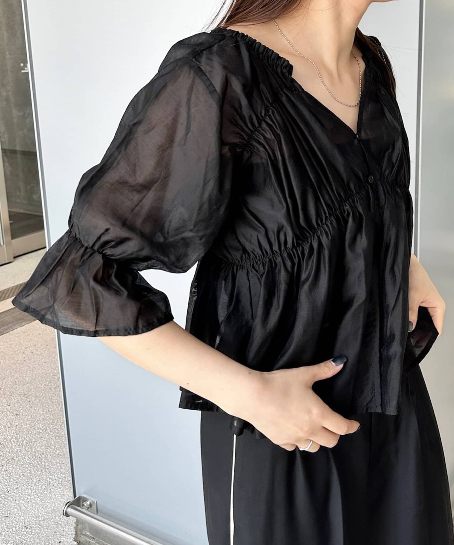 OUTLET(アウトレット) 【mystic】半袖シアーギャザーブラウス