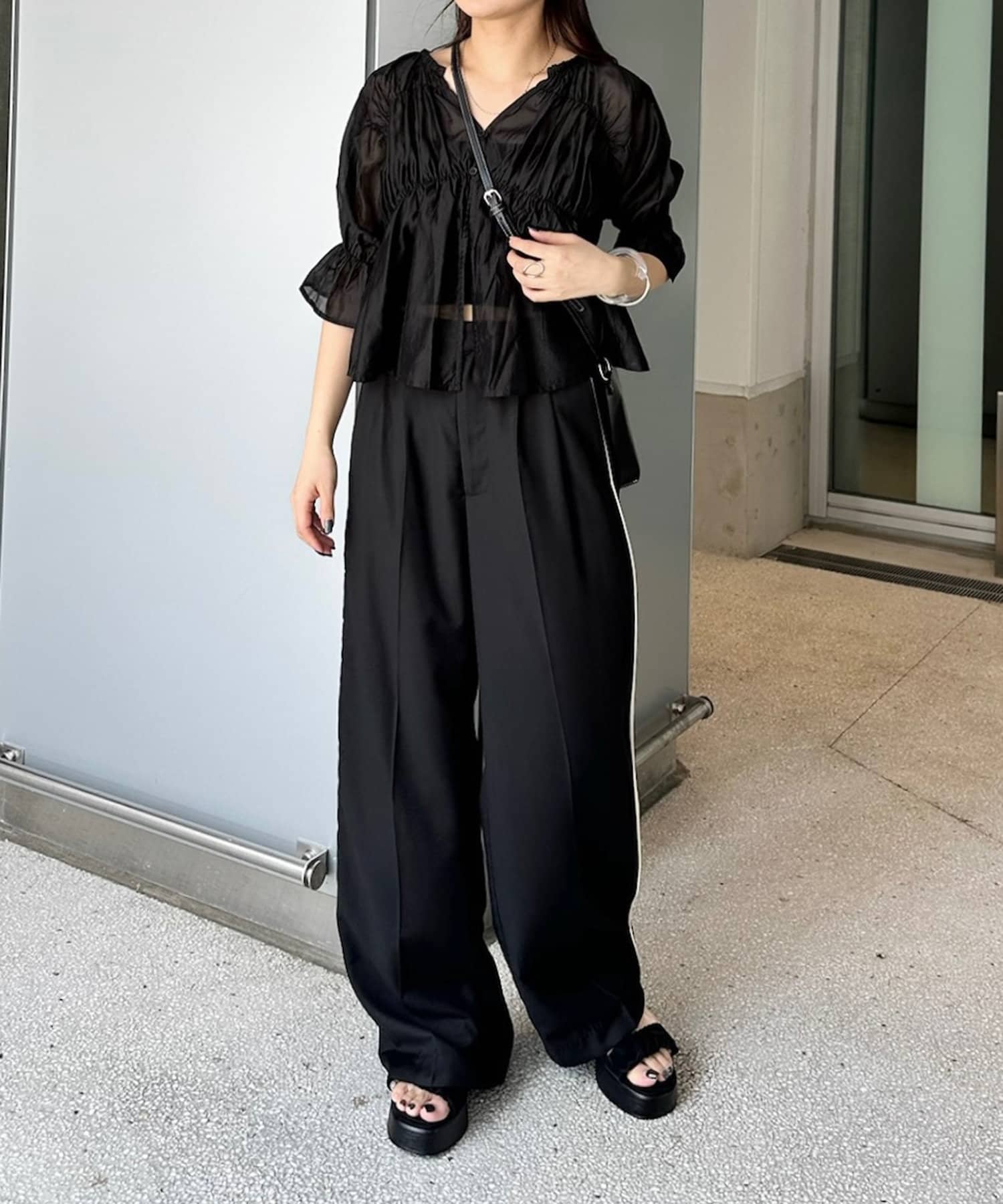 OUTLET(アウトレット) 【mystic】半袖シアーギャザーブラウス