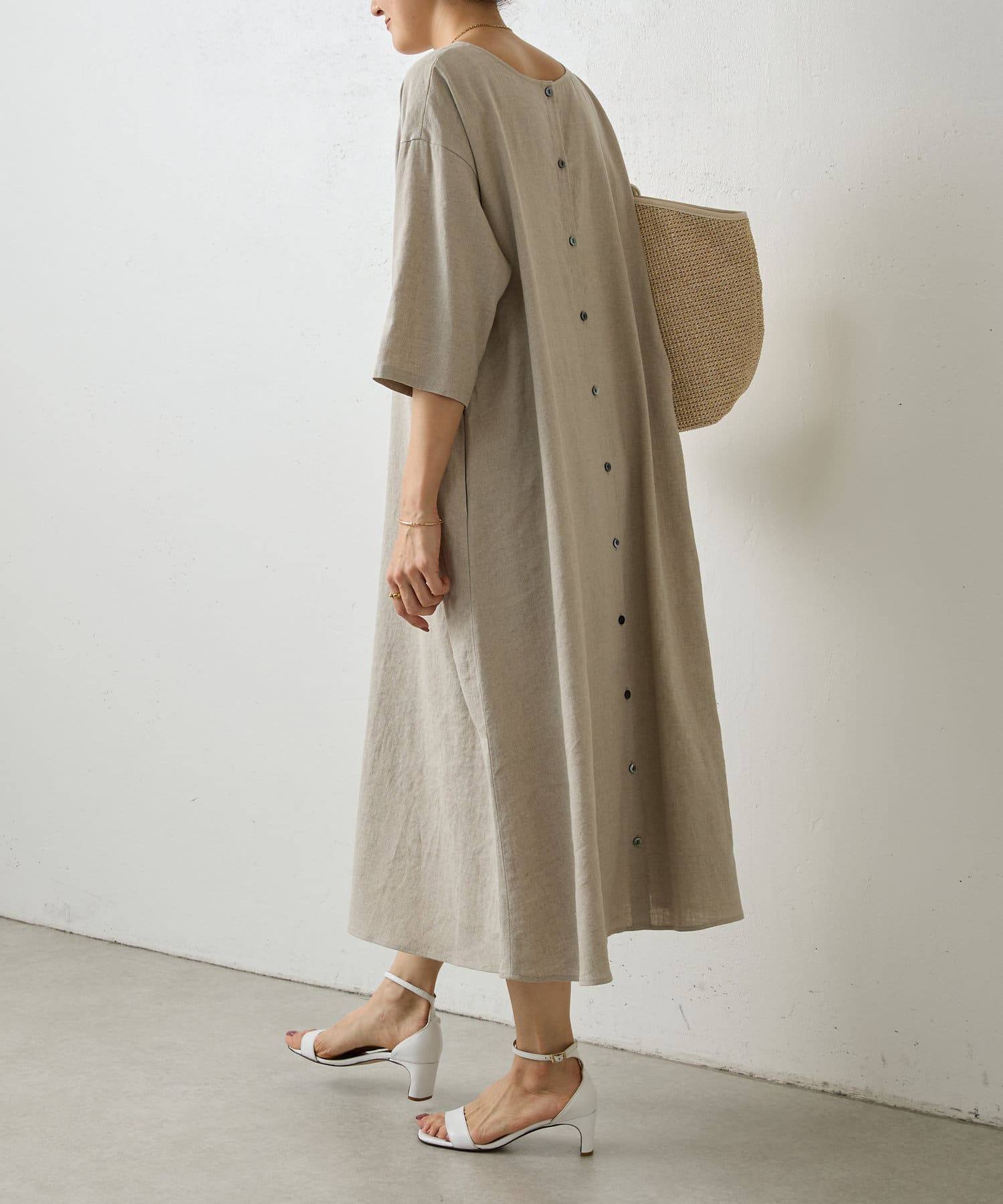 2025春の新作 ビアズリー beardsley サイドリボン リネン混 ロング シャツ ワンピース