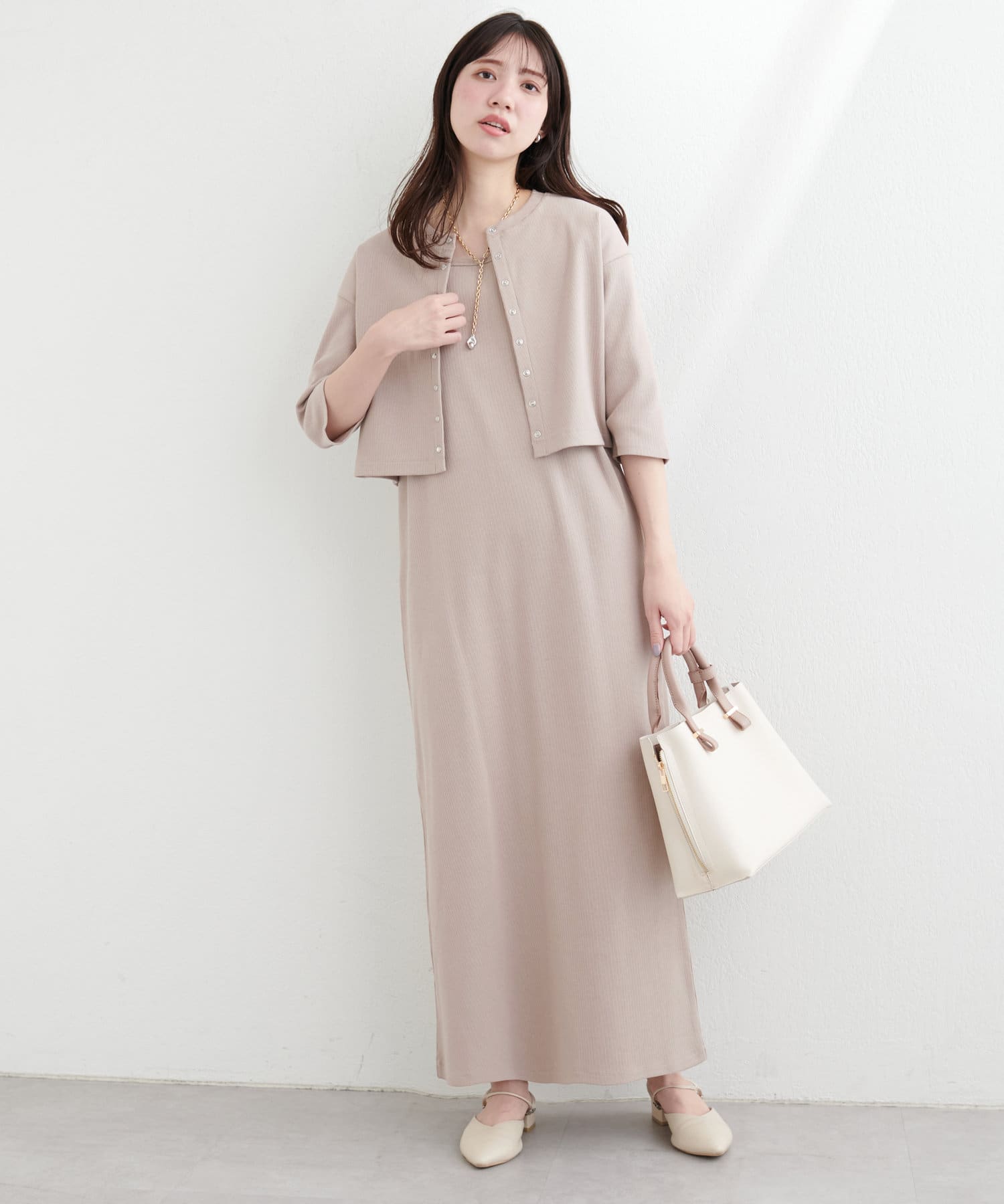 natural couture(ナチュラルクチュール) レディース カーデ付きリブワンピース ベージュ