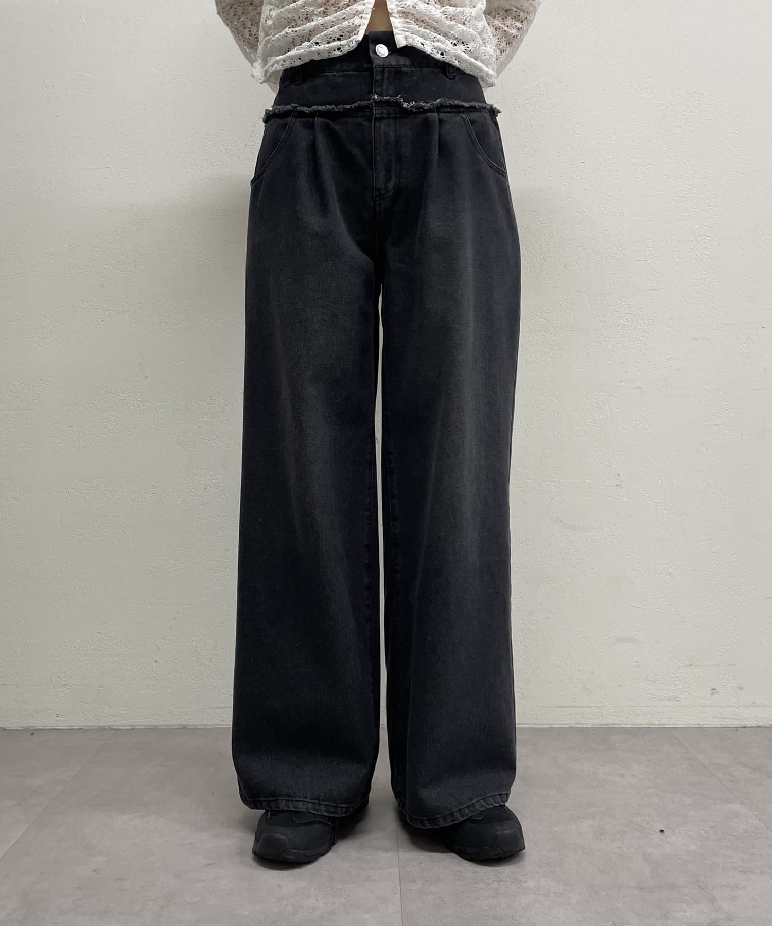 -goocy-(グーシー) ウエストフリンジタックワイドデニム