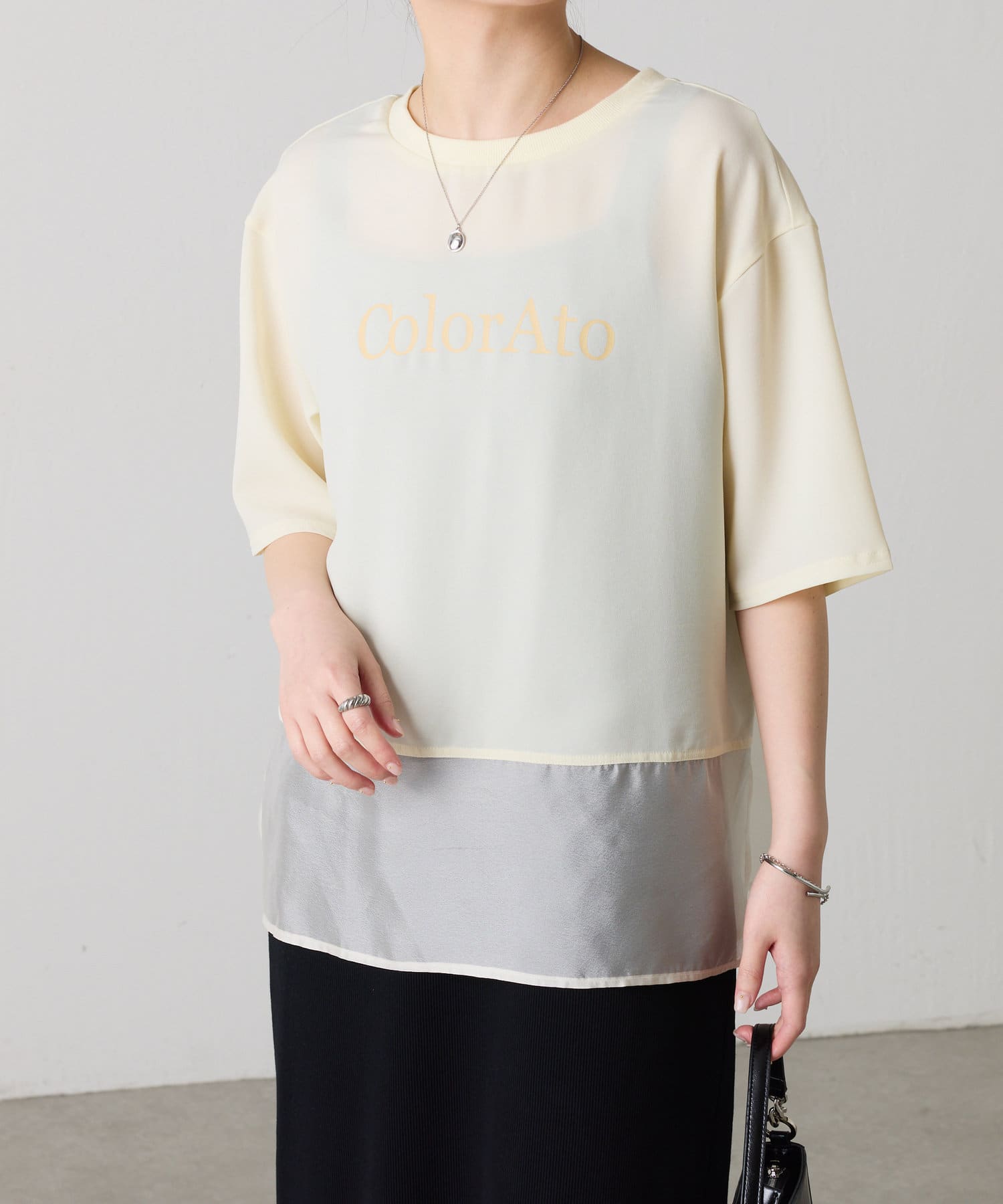 COLLAGE GALLARDAGALANTE(コラージュ ガリャルダガランテ) 【きれいめTシャツ】裾シアーロゴハーフスリーブTシャツ