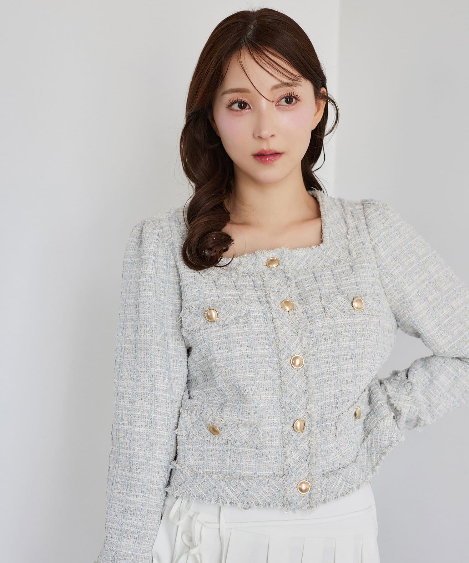 one after another NICE CLAUP(ワンアフターアナザー ナイスクラップ) レディース スクエアネックツイードジャケット サックスブルー