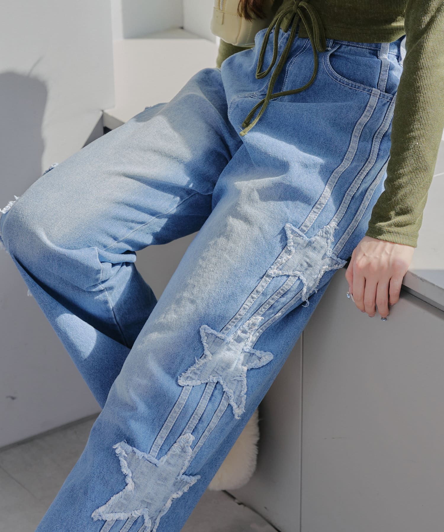 NICE CLAUP / OLIVE des OLIVE OUTLET(ナイスクラップ  / オリーブ デ オリーブ アウトレット) 【RMAF】【フェアリーグランジ】デニムサイドライン+星パッチワークパンツ