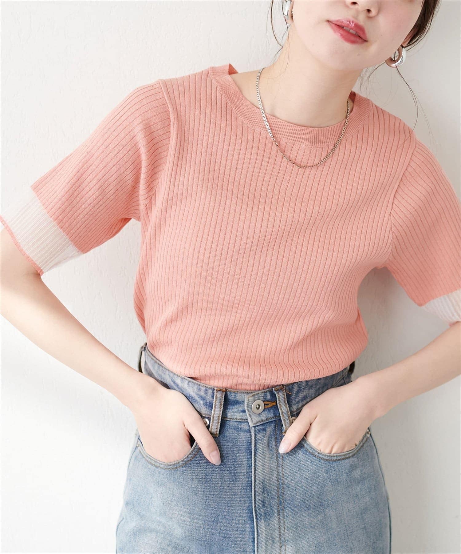 natural couture(ナチュラルクチュール) レディース 【WEB限定】袖口シアー強撚リブニット ピンク