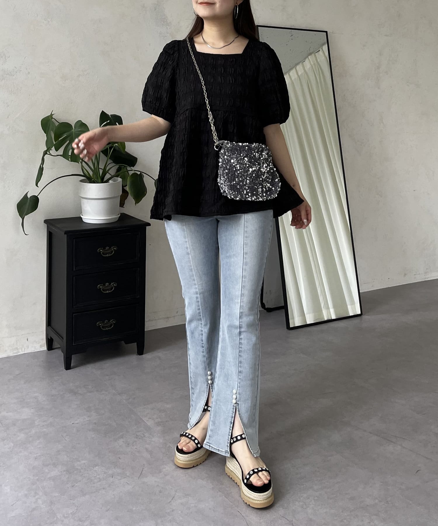 prose verse(プロズヴェール) ポコポコギンガムスクエアネックペプラムブラウス