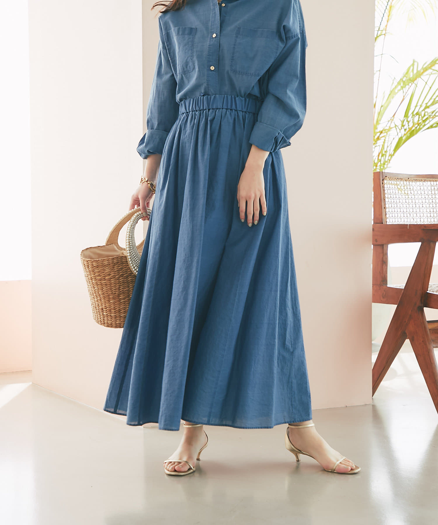 La boutique BonBon(ラブティックボンボン) 【セットアップ可】シアーデニムギャザーロングスカート