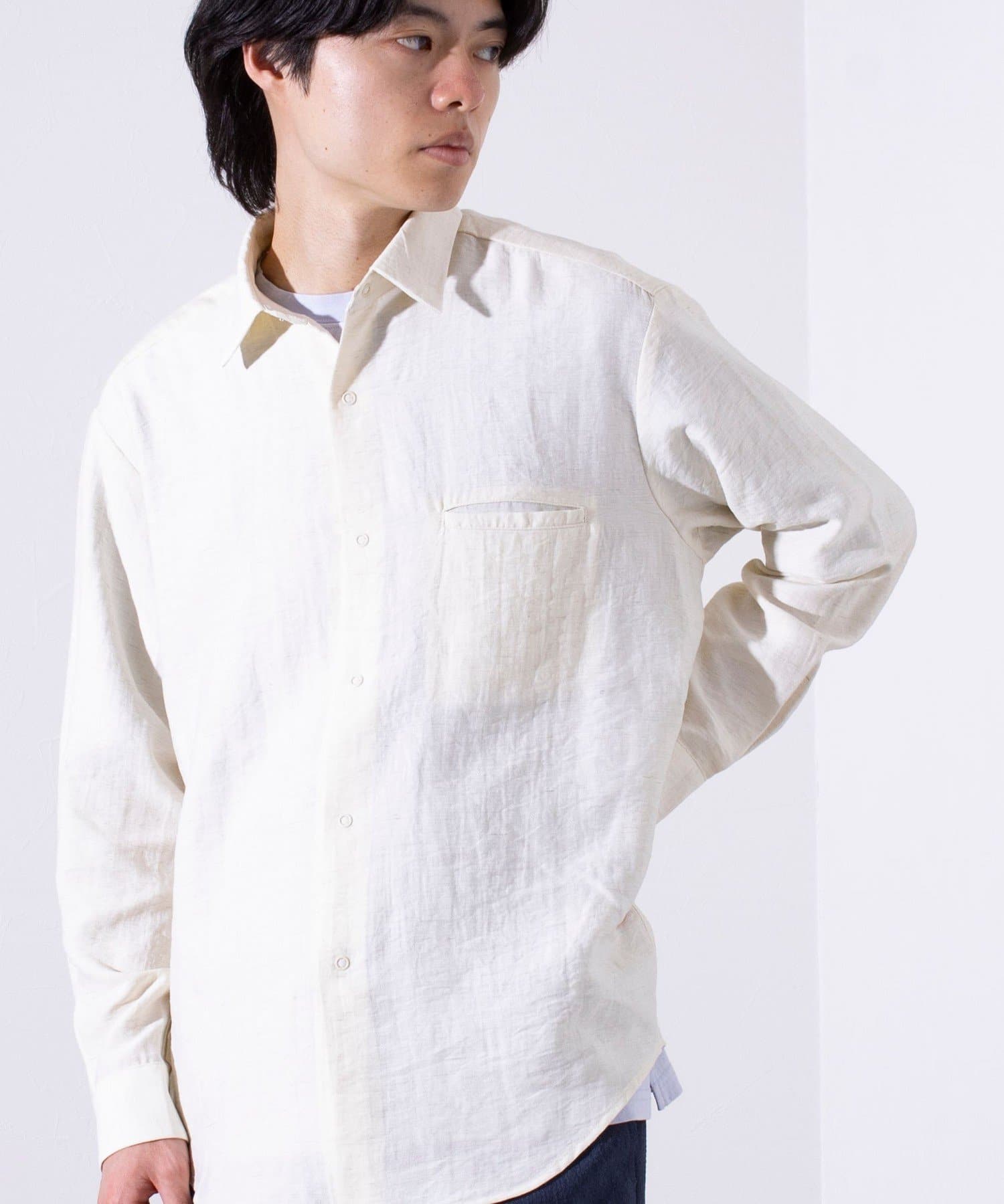 FREDY & GLOSTER(フレディ アンド グロスター) 【GLOSTER】リネン混 スナップ/ドットボタンシャツ レギュラーカラーシャツ